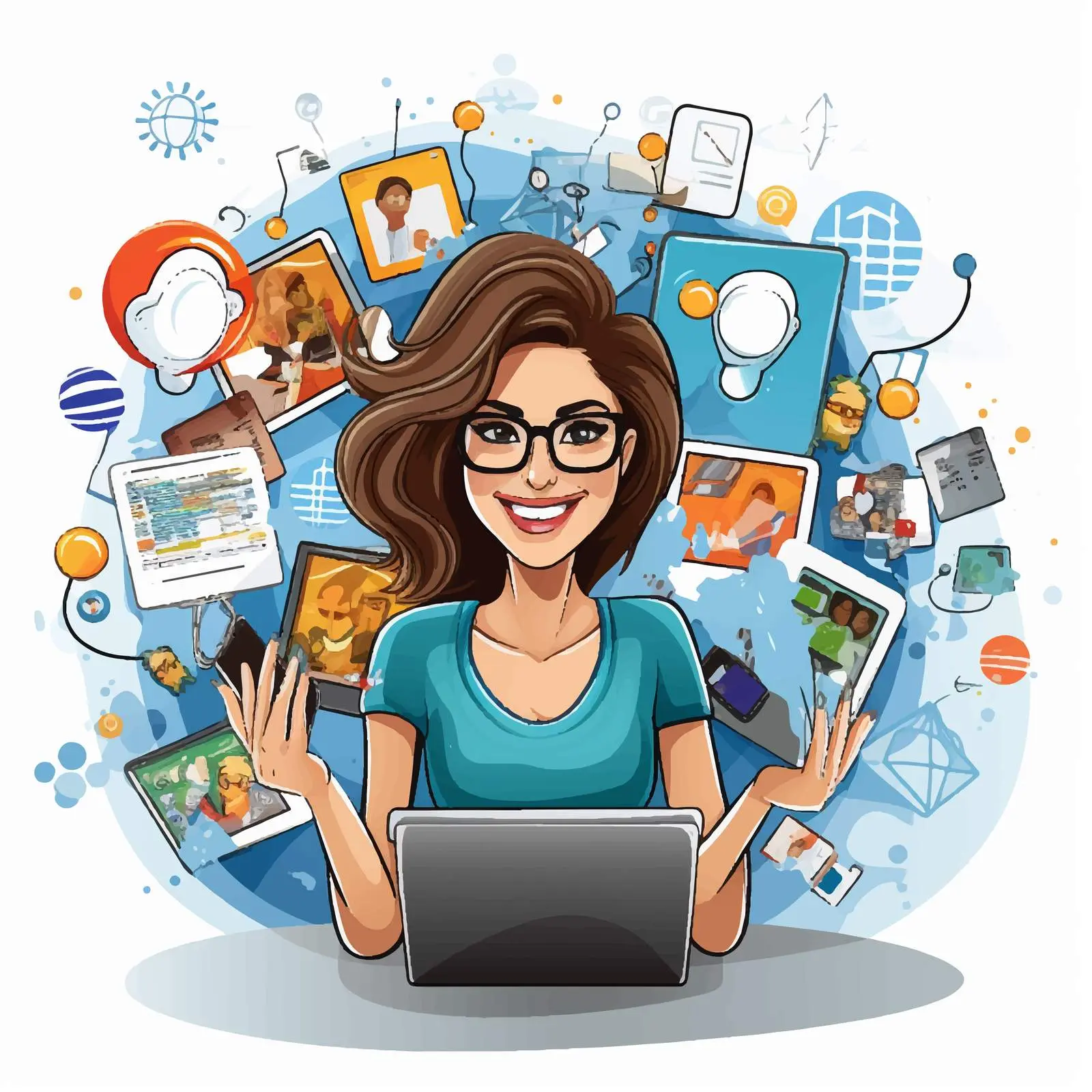 Smiling Woman with Social Media Icons Vector — free download from Dotvec