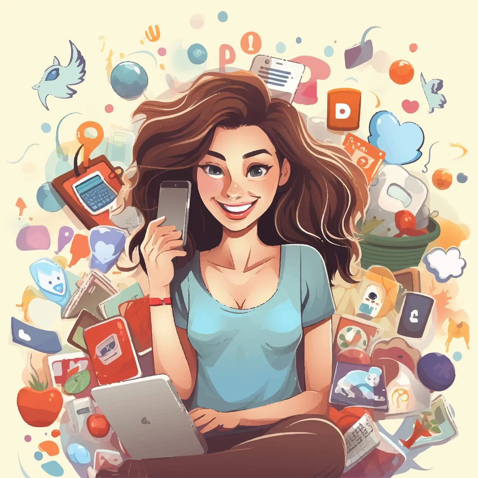 Smiling Woman with Social Media Icons Vector Art — free download from Dotvec