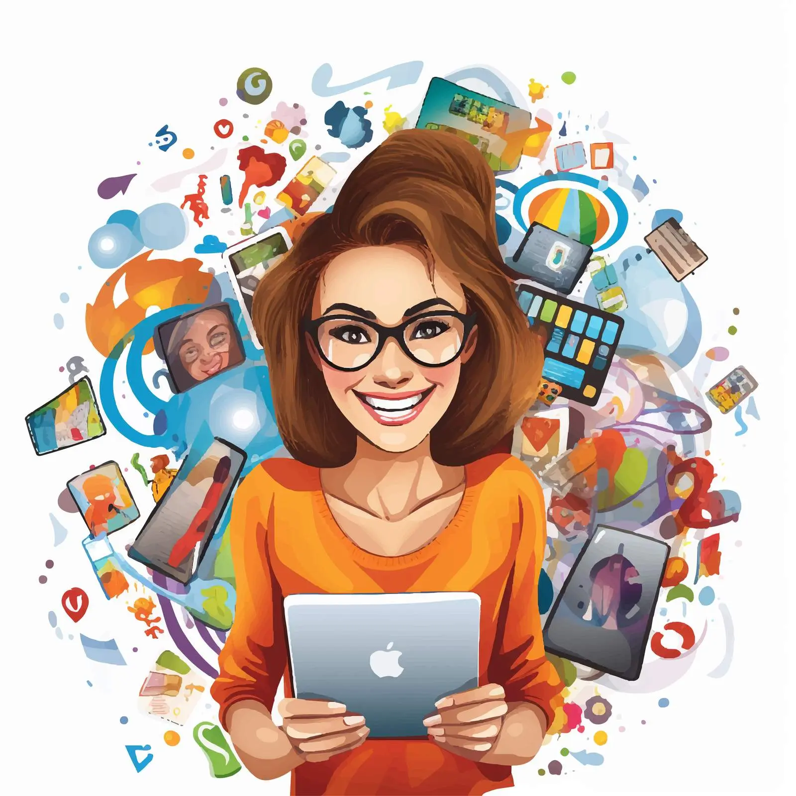 Smiling Woman with Social Media Icons Vector — free download from Dotvec