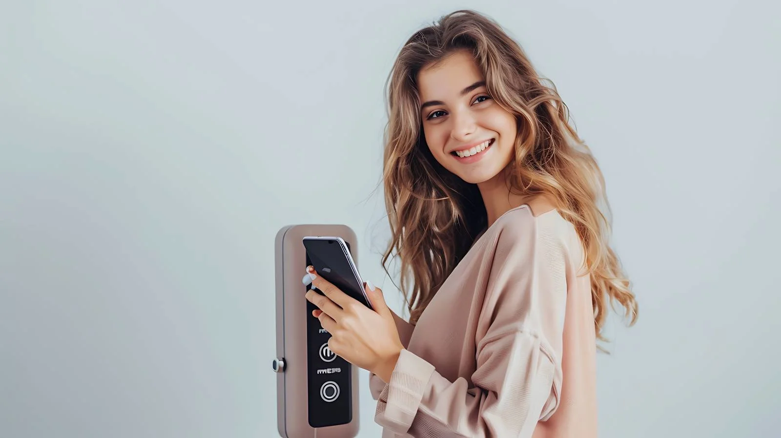 Cheerful lady using cellphone near charger station — free download from Dotvec