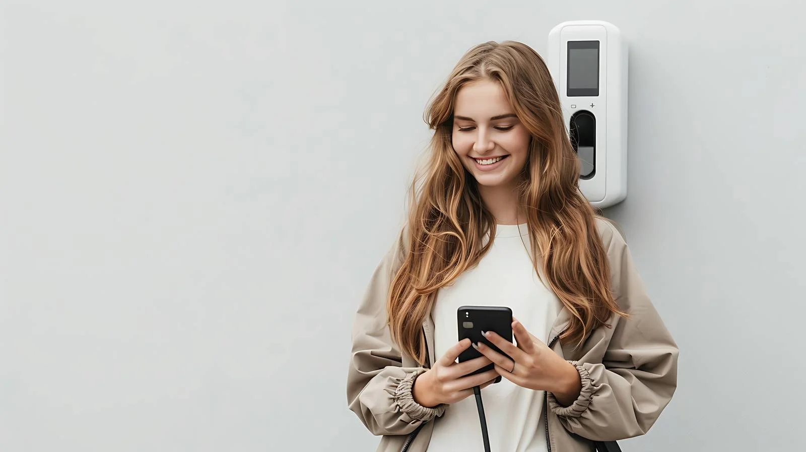 Elegant lady using smartphone at charging hub — free download from Dotvec