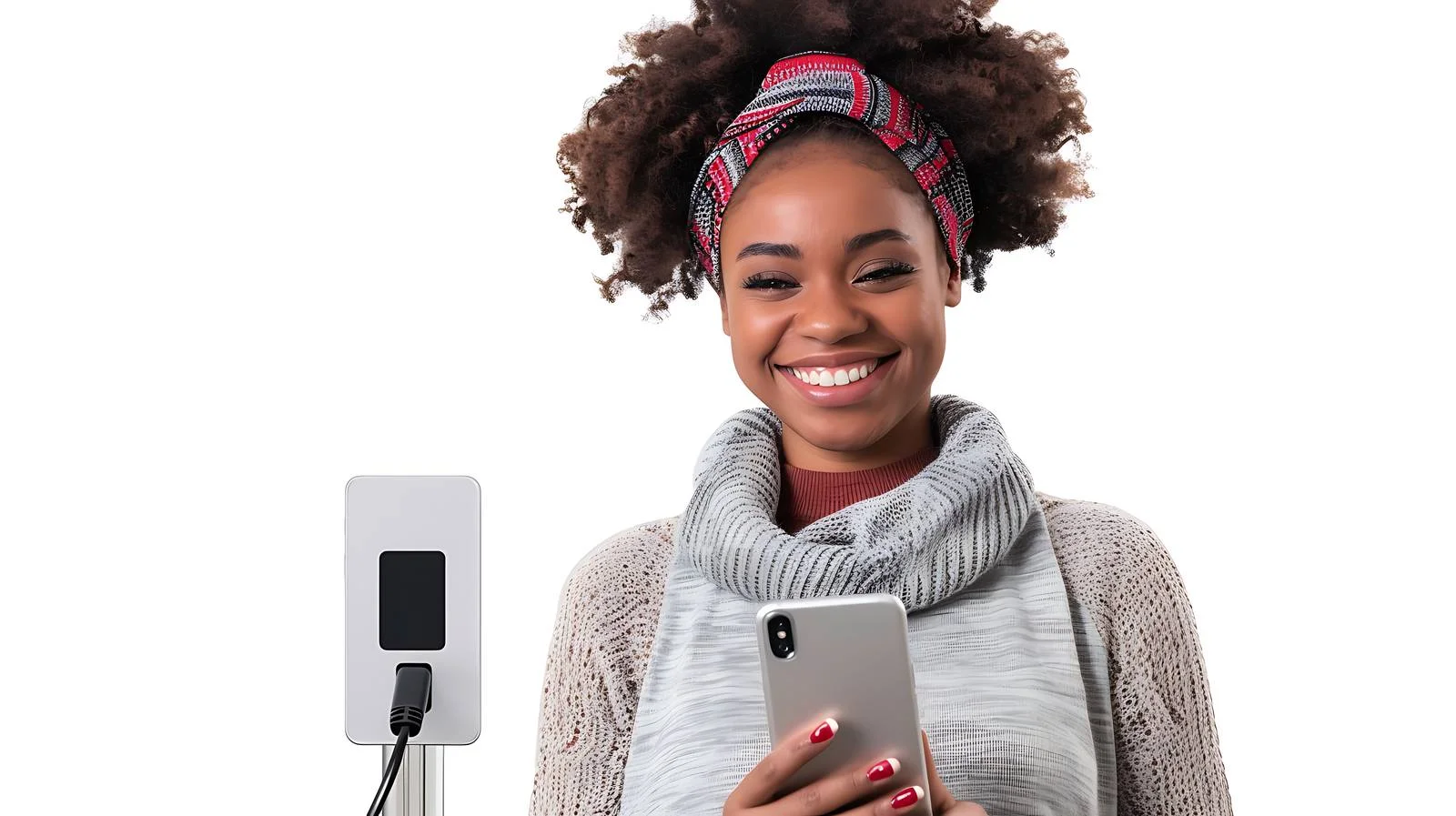 Joyful lady with smartphone at charging spot — free download from Dotvec