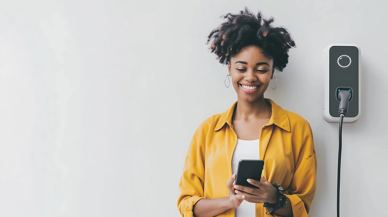 Woman Smiling with Phone at Charging Station — free download from Dotvec