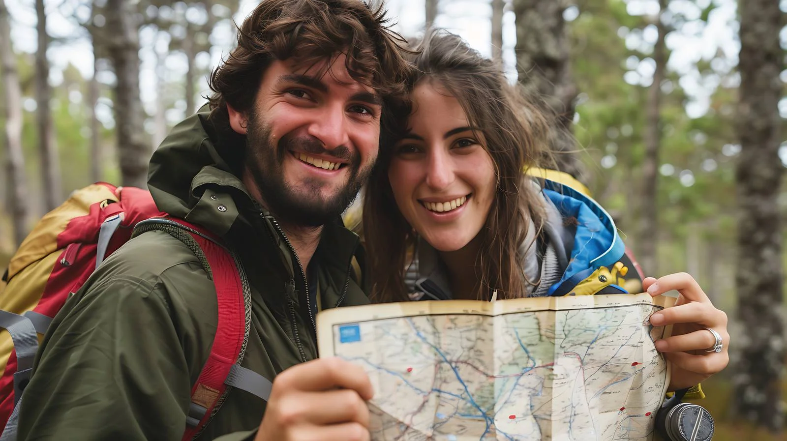 Happy couple exploring forest with map — free download from Dotvec