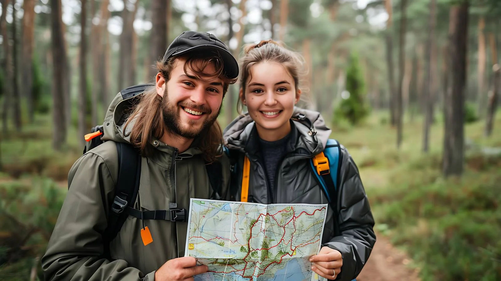 Joyful couple navigating forest with map — free download from Dotvec