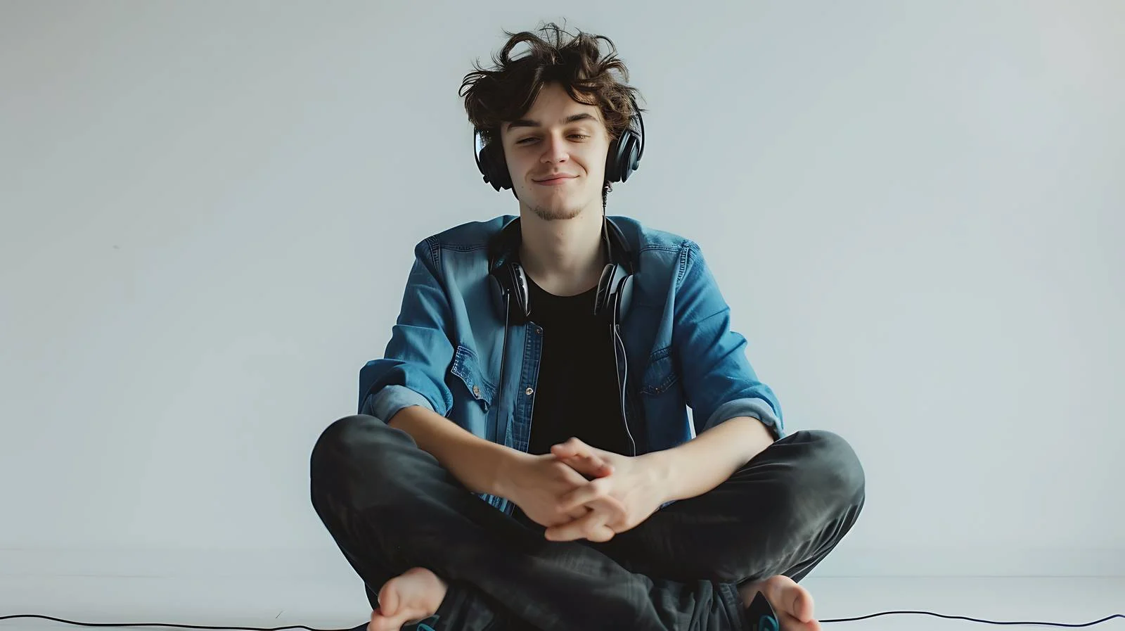 Joyful young man with headphones sitting — free download from Dotvec