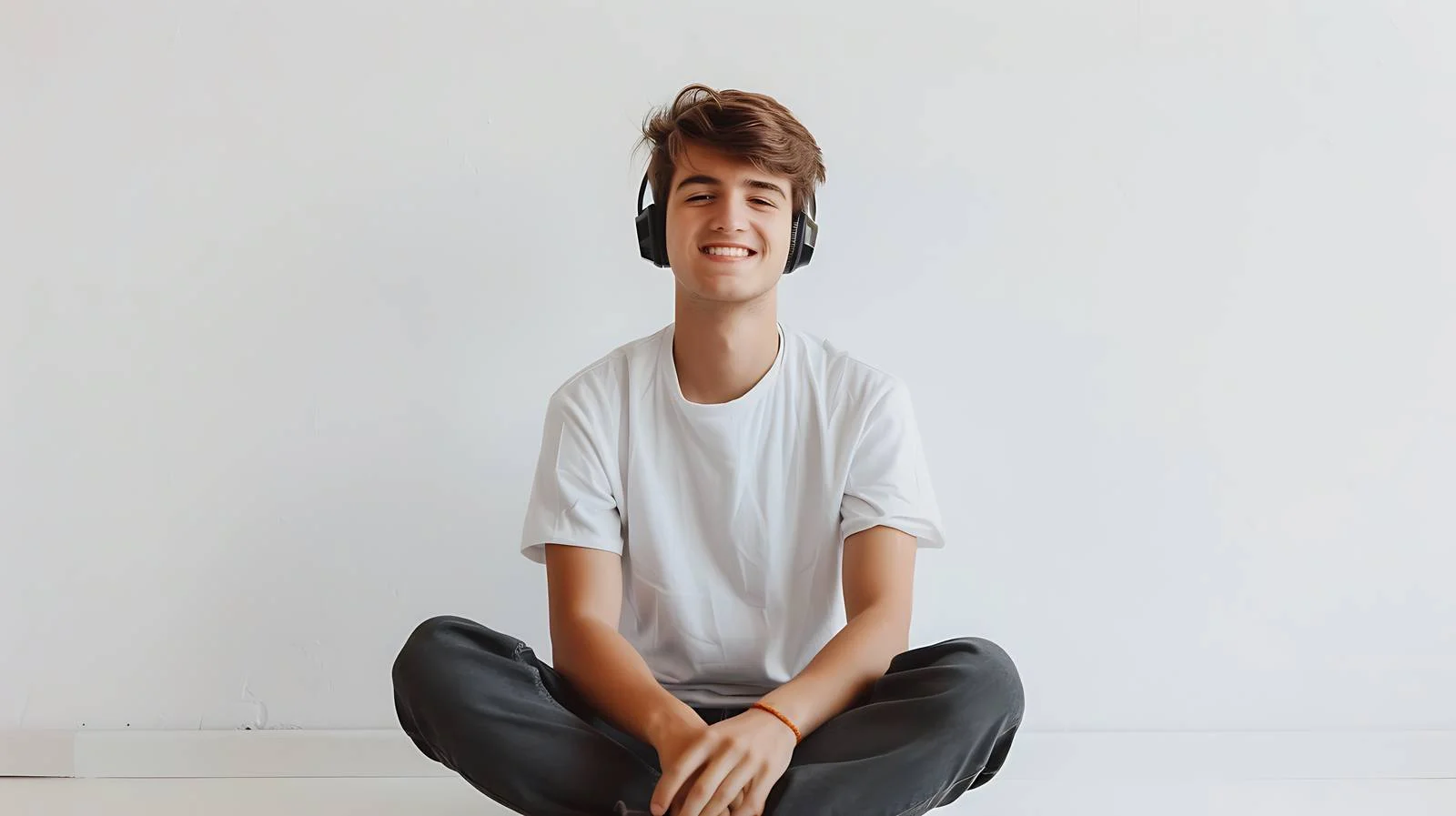 Cheerful young man with headphones sitting — free download from Dotvec