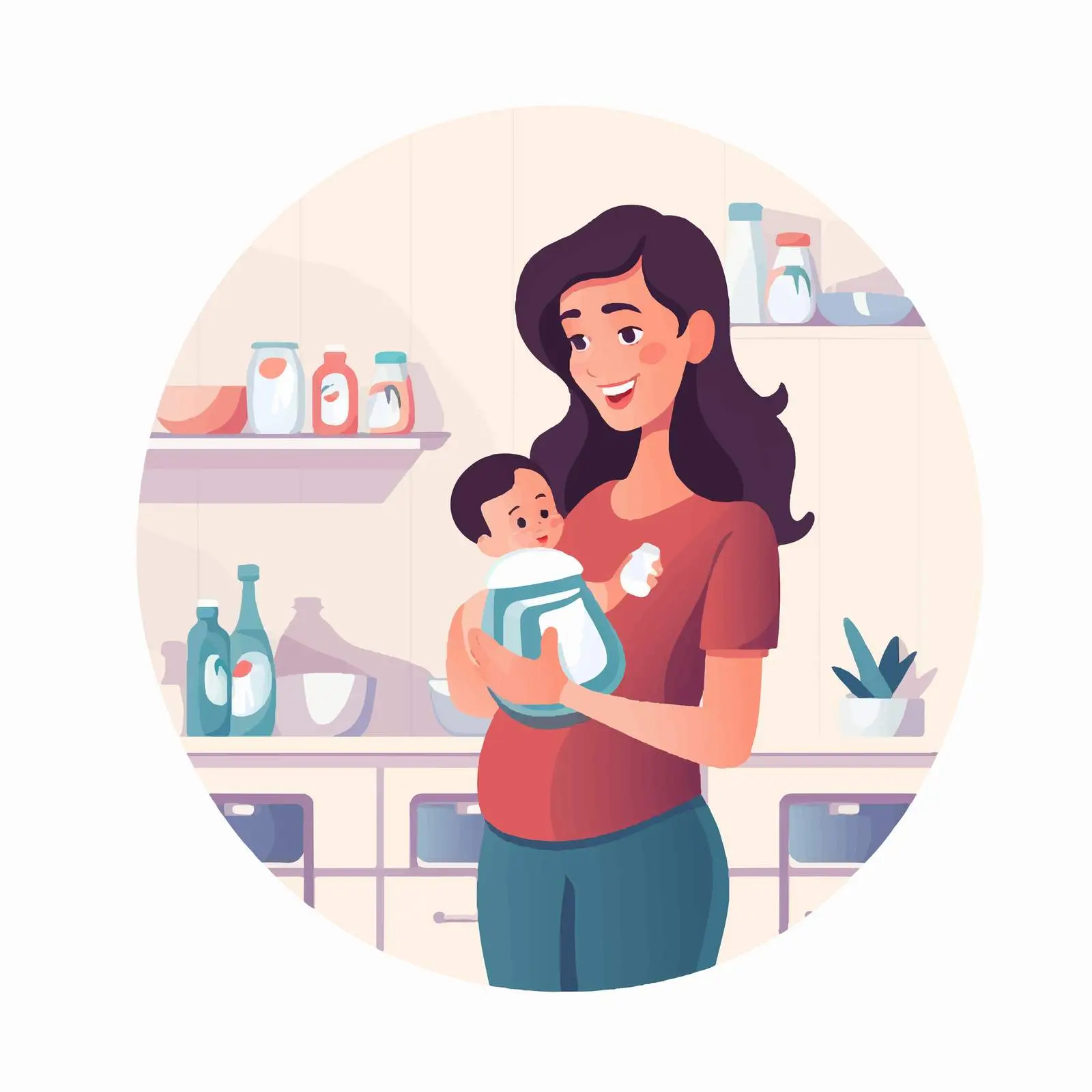 Smiling Young Mother with Newborn in Kitchen — free download from Dotvec