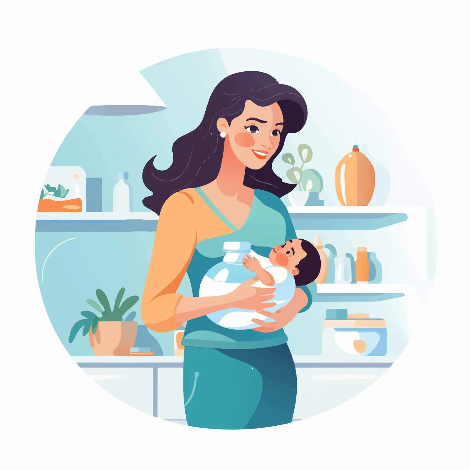 Smiling Mother with Newborn in Kitchen — free download from Dotvec
