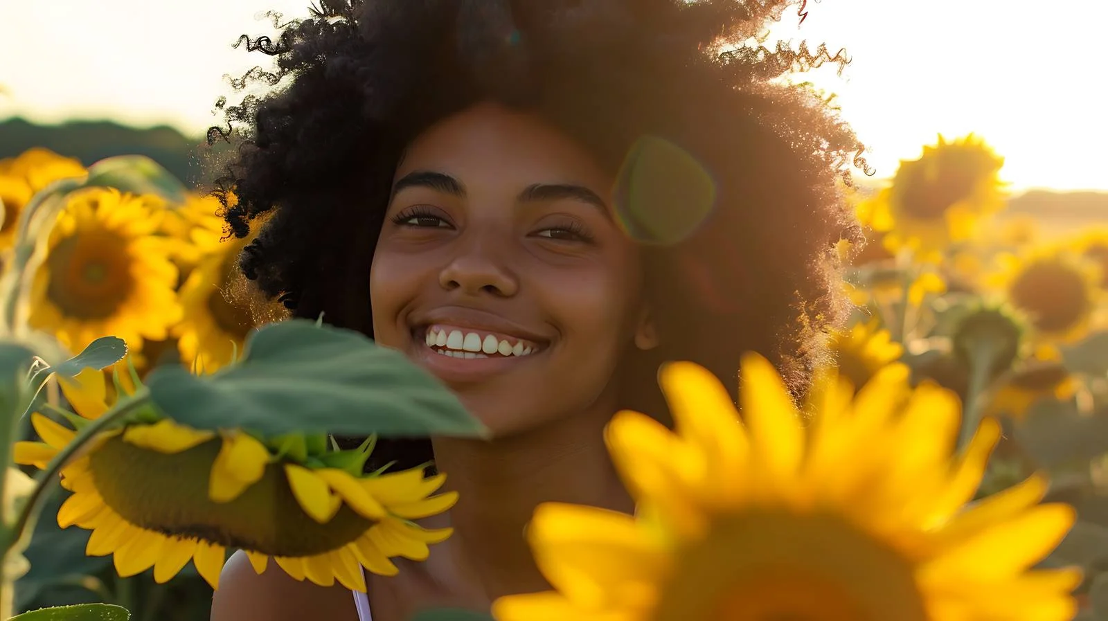 Joyful young lady surrounded by blooming sunflowers — free download from Dotvec