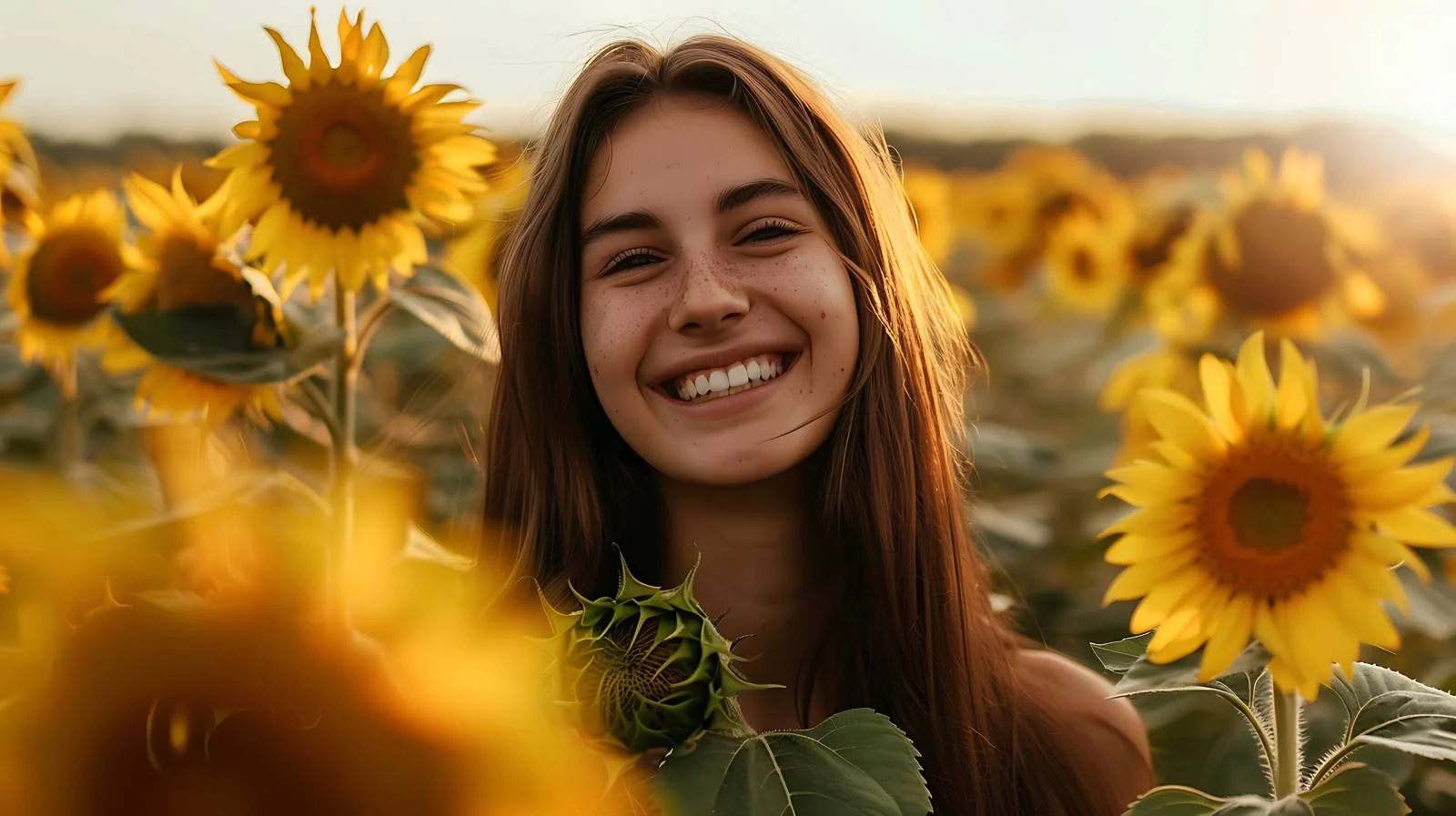 Radiant woman amidst sunflowers blooms joyfully — free download from Dotvec