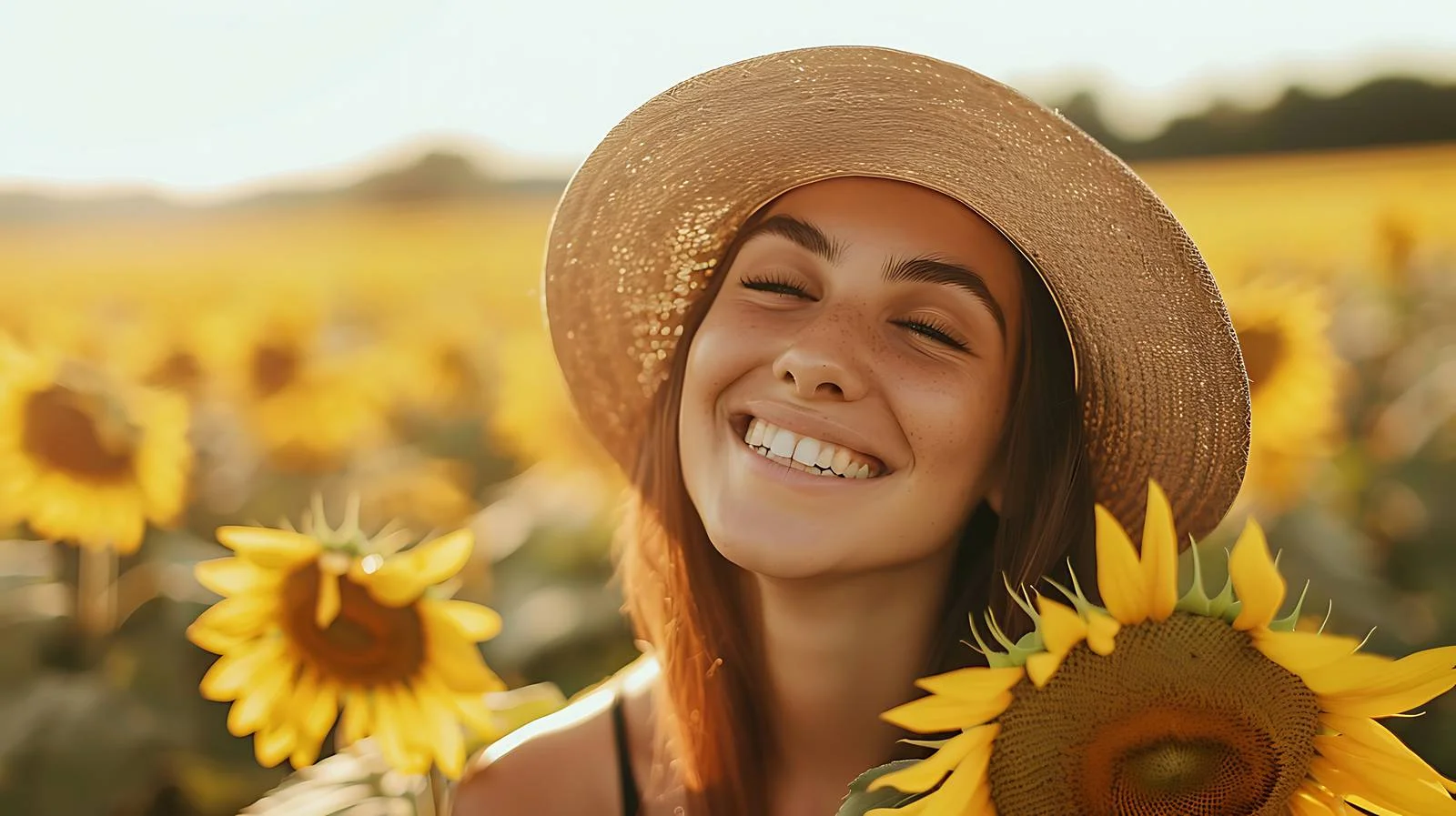 Joyful woman surrounded by vibrant sunflowers — free download from Dotvec