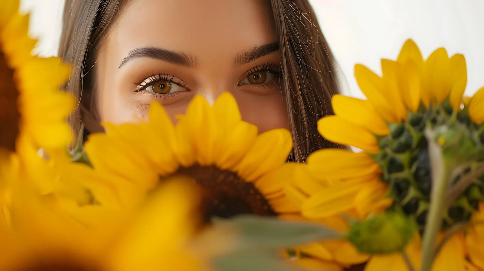 Joyful woman surrounded by vibrant sunflowers – free sunflowers image from Dotvec
