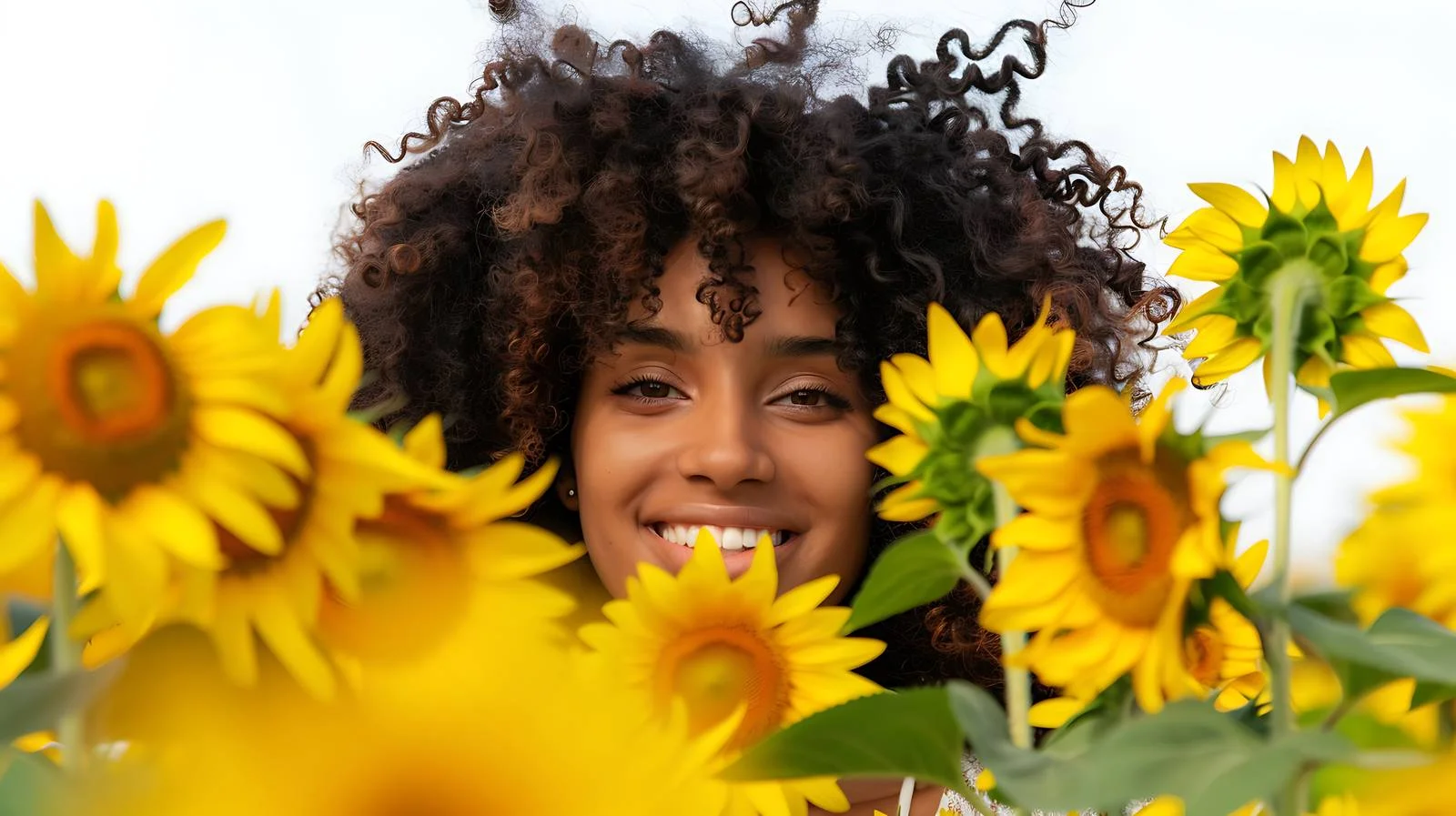 Cheerful young lady surrounded by sunflowers — free download from Dotvec