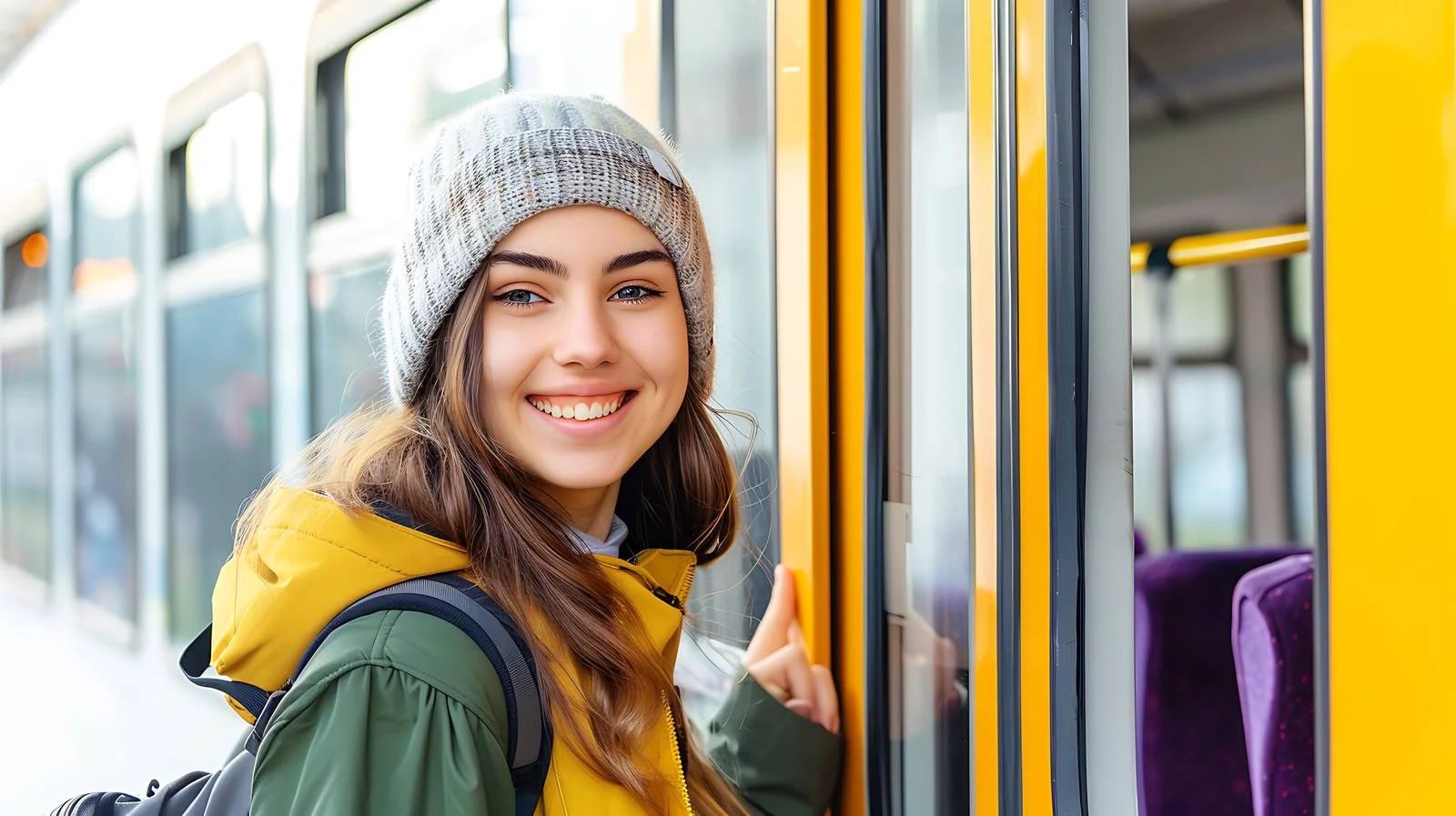 Happy Woman Boarding Train — free download from Dotvec