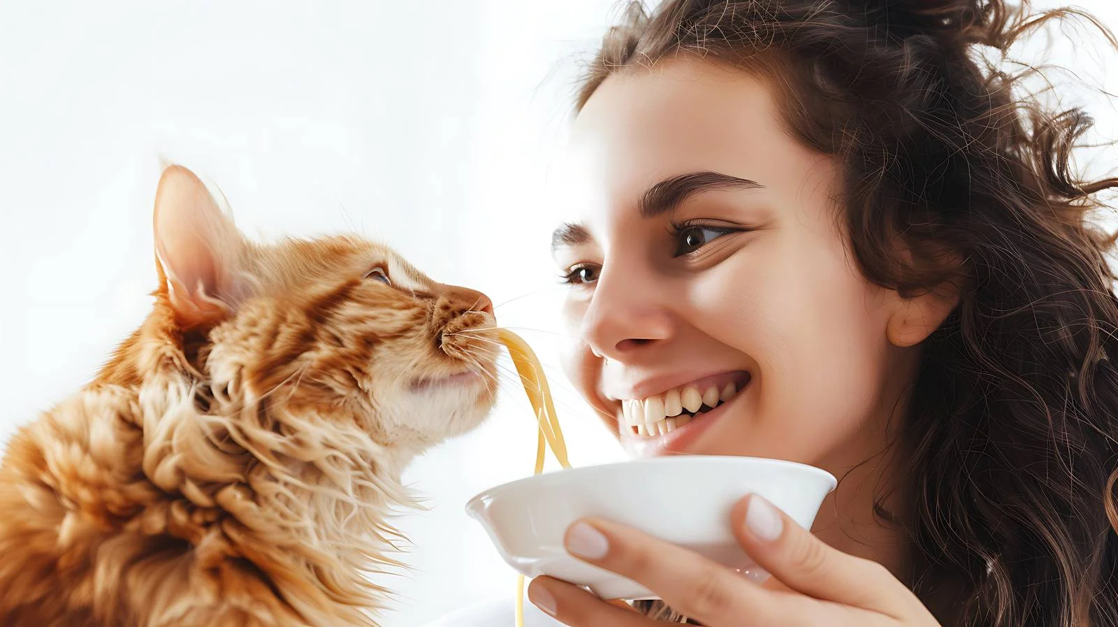 Woman feeding cat spaghetti affectionately — free download from Dotvec