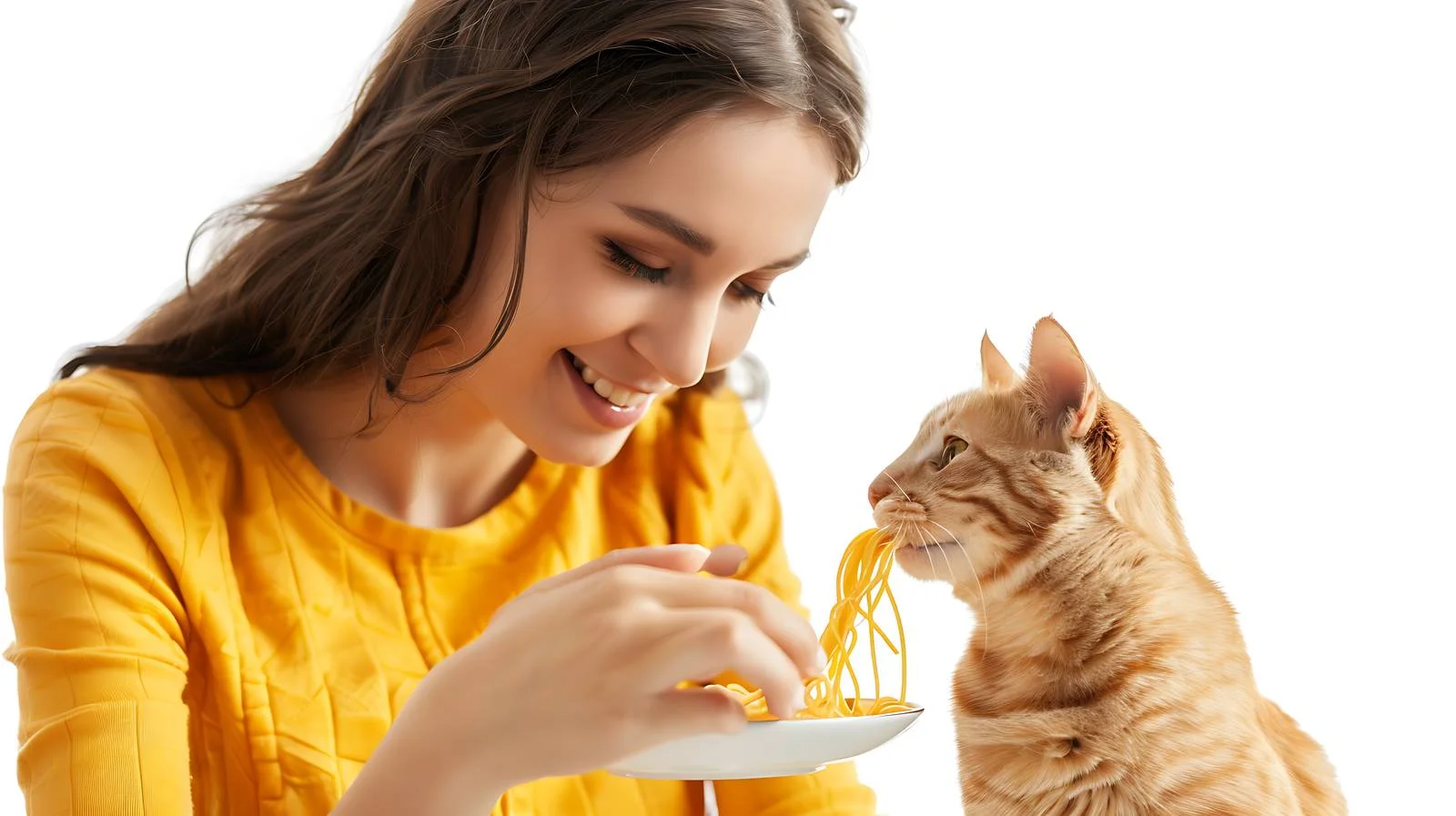 Joyful Woman Feeding Spaghetti to Cat — free download from Dotvec