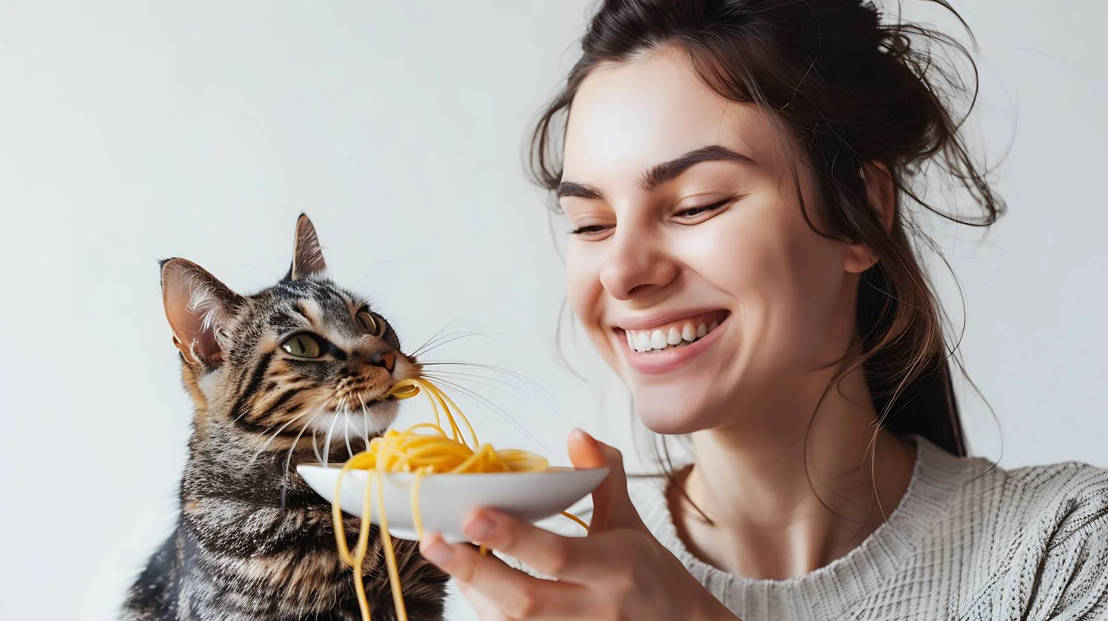 Woman Feeding Spaghetti to Cat — free download from Dotvec