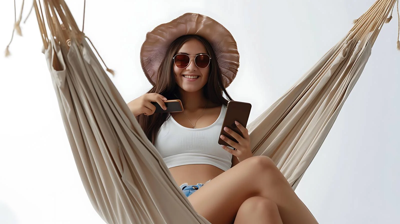 Joyful woman with cellphone relaxing — free download from Dotvec