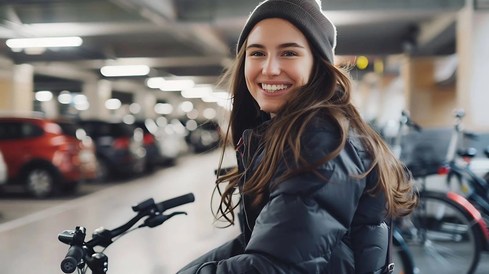 Joyful Young Woman Bike Parking Scene — free download from Dotvec