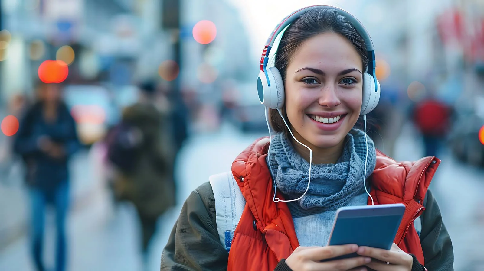 Joyful young lady with headphones and phone — free download from Dotvec