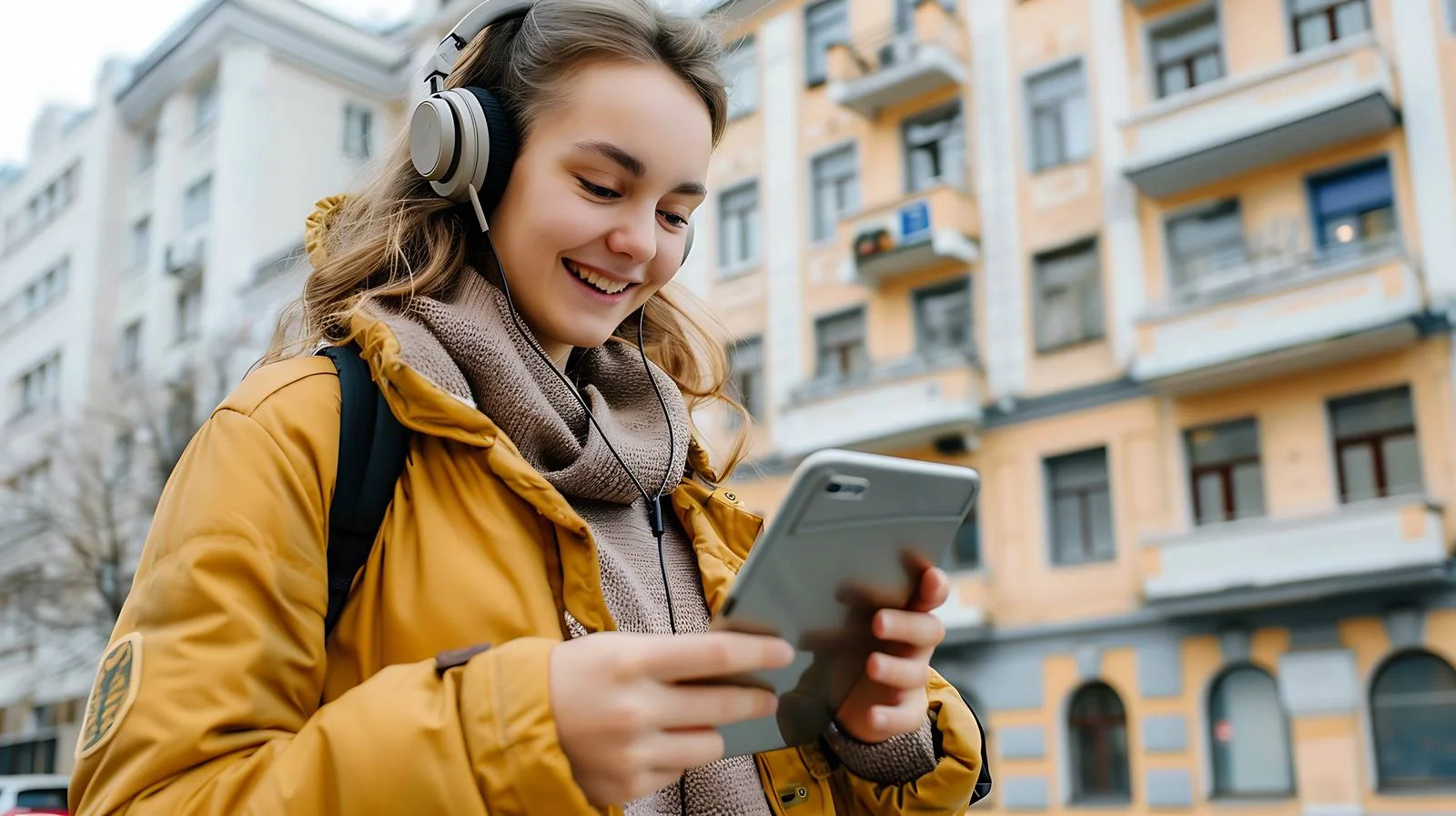 Joyful young lady with headphones and phone — free download from Dotvec