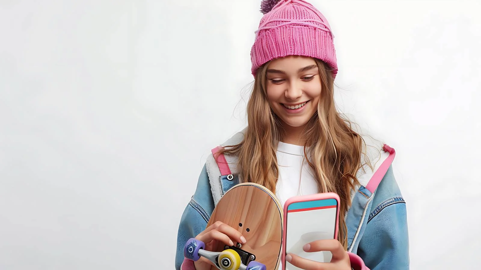 Cheerful Woman Skateboarding and Using Phone — free download from Dotvec