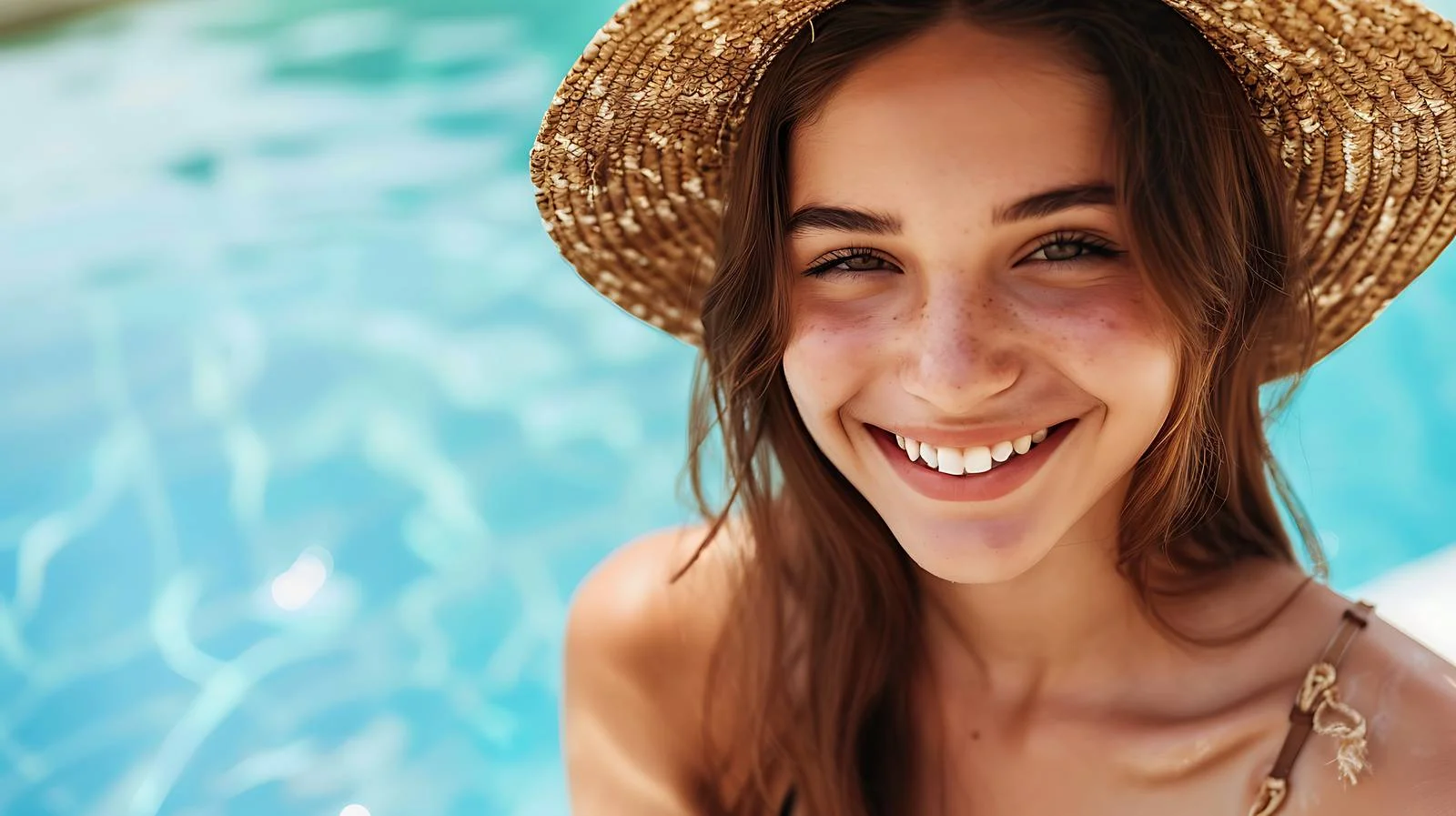Cheerful Woman Poolside with Straw Hat — free download from Dotvec