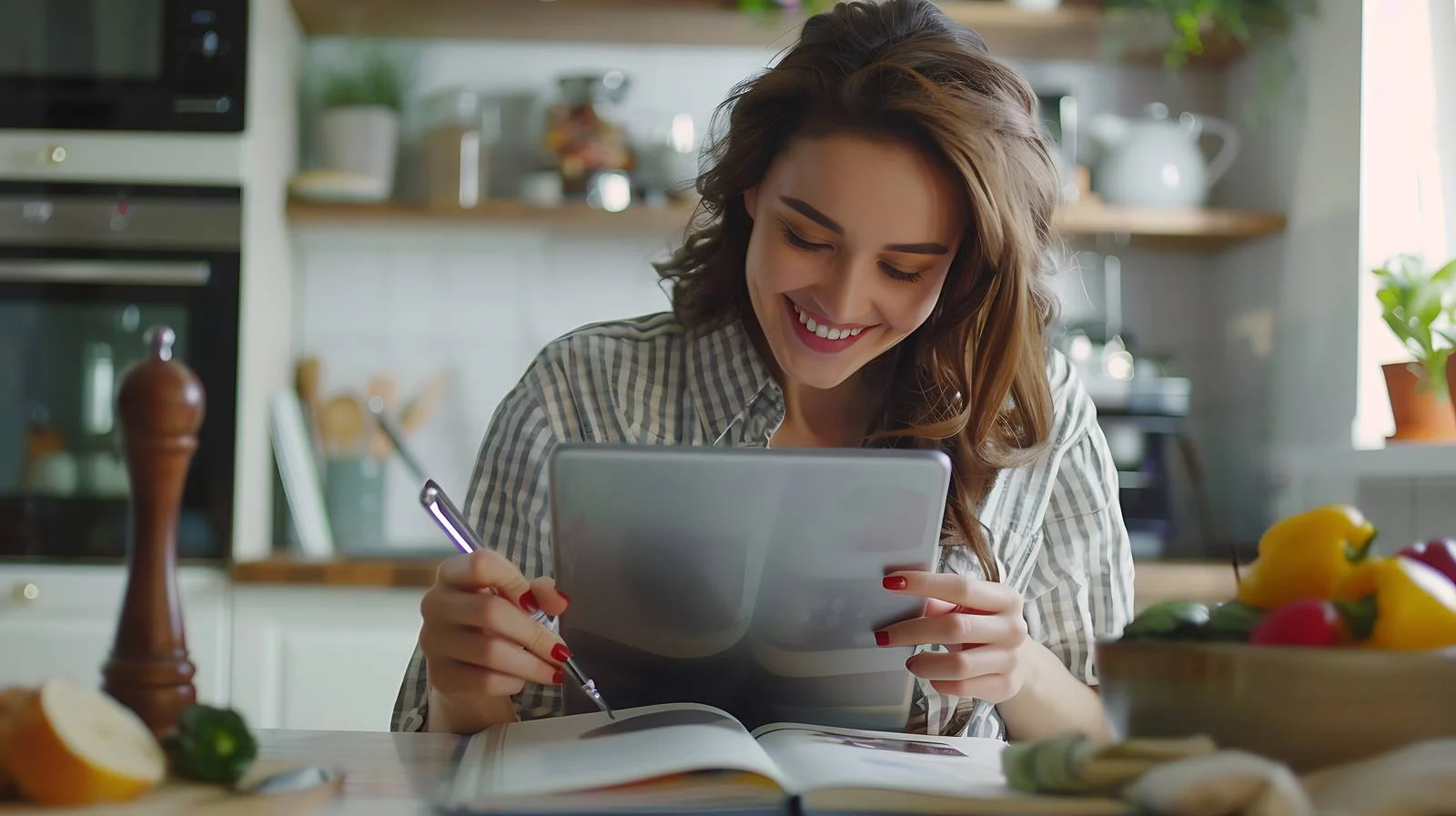 Joyful Woman Writing Recipe in Cookbook — free download from Dotvec