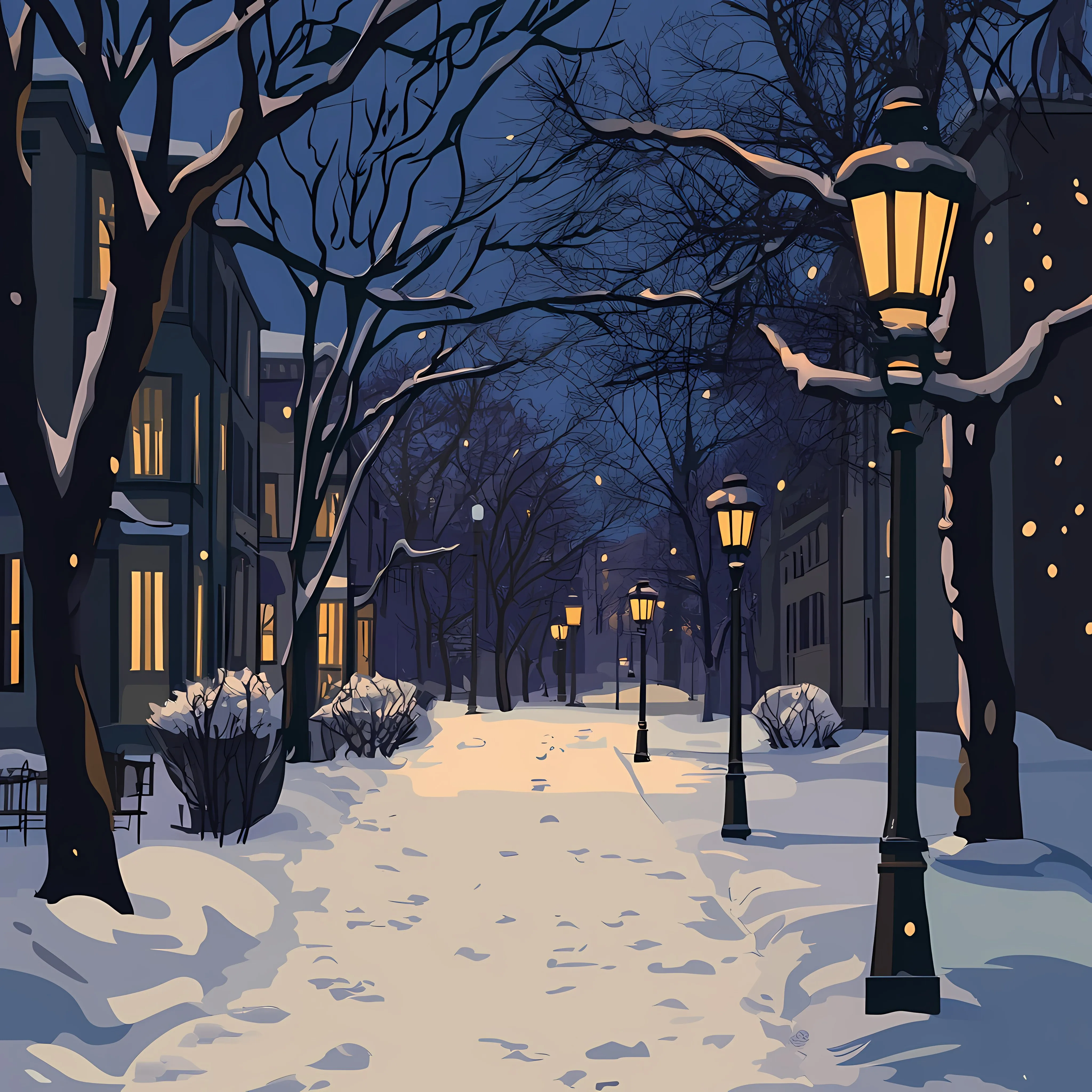 Snow-Covered Street with Vintage Lampposts — free download from Dotvec