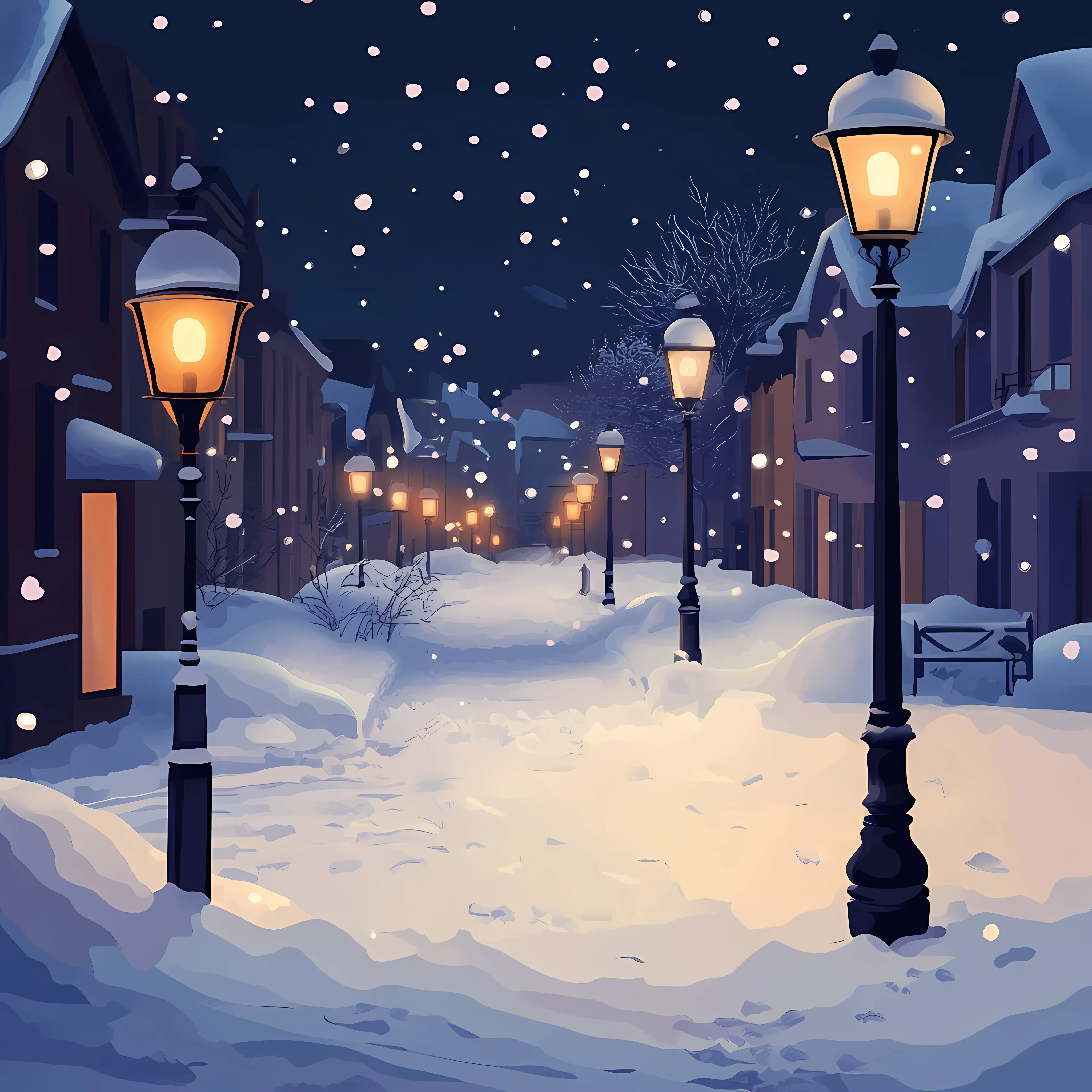 Snowy Night Street with Vintage Lampposts — free download from Dotvec