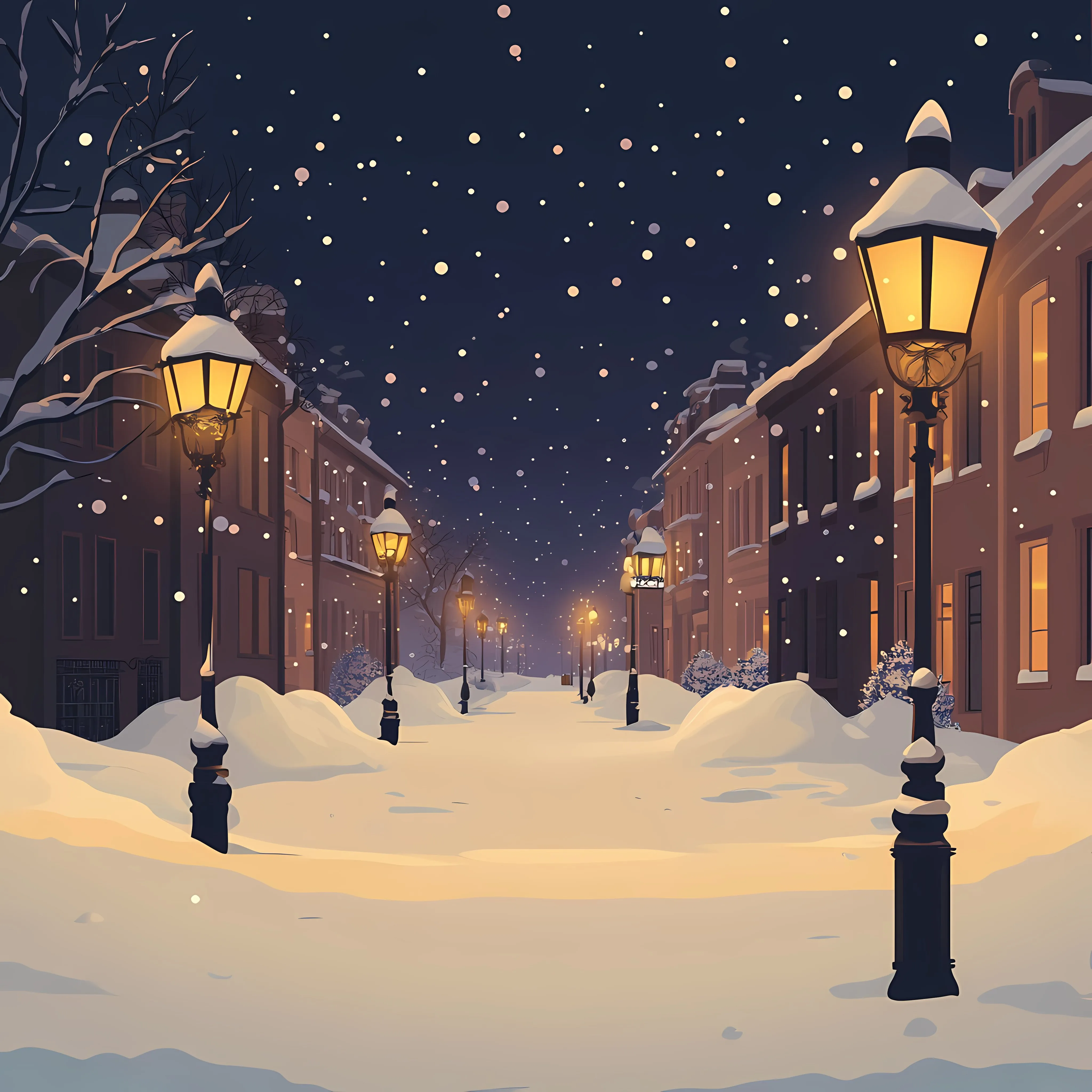 Snowy Night Street with Vintage Lampposts — free download from Dotvec