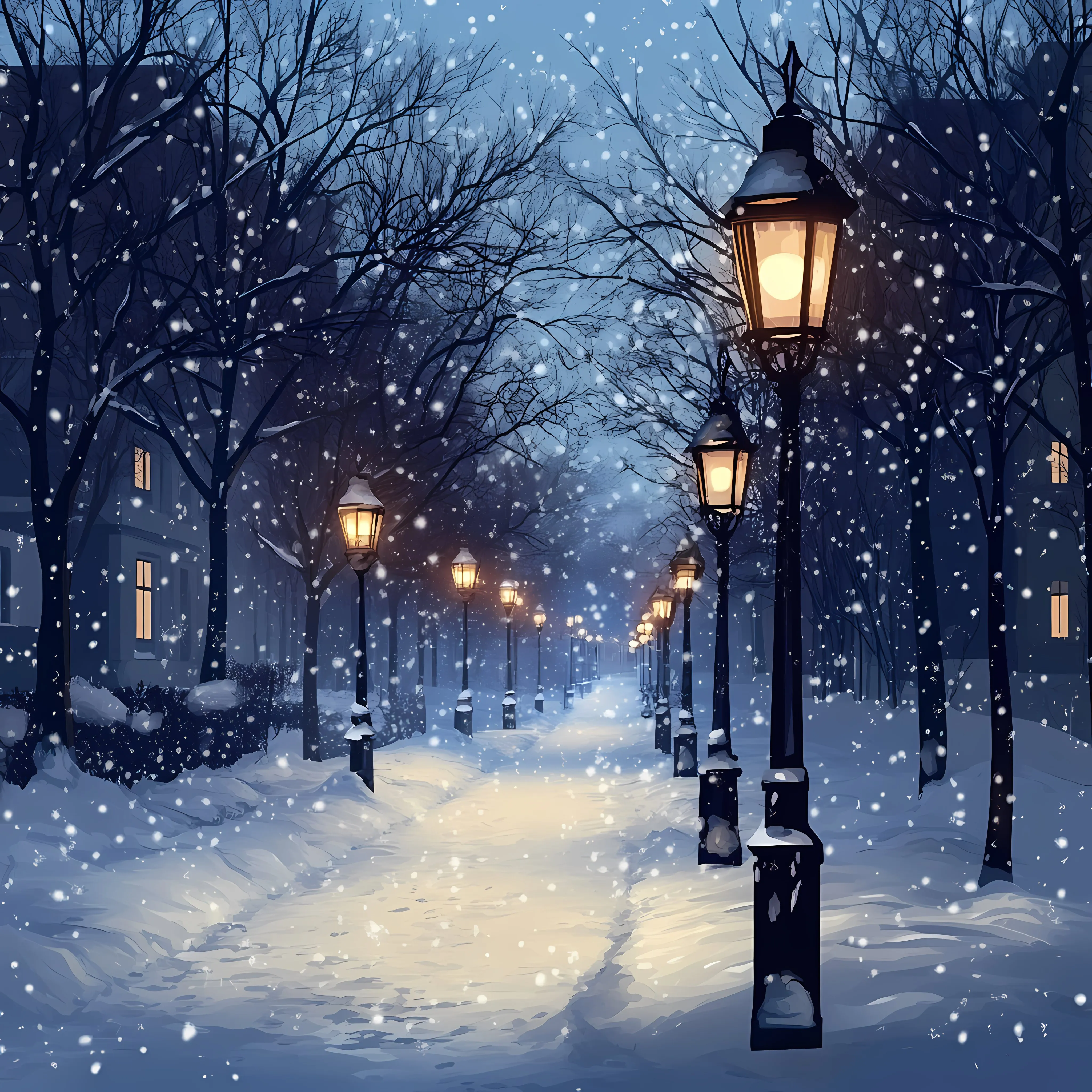 Snow-Covered Street with Vintage Lampposts at Night — free download from Dotvec