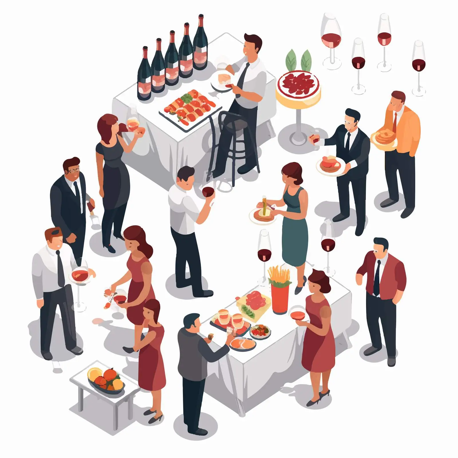 Isometric Illustration of Guests Enjoying Social Event — free download from Dotvec