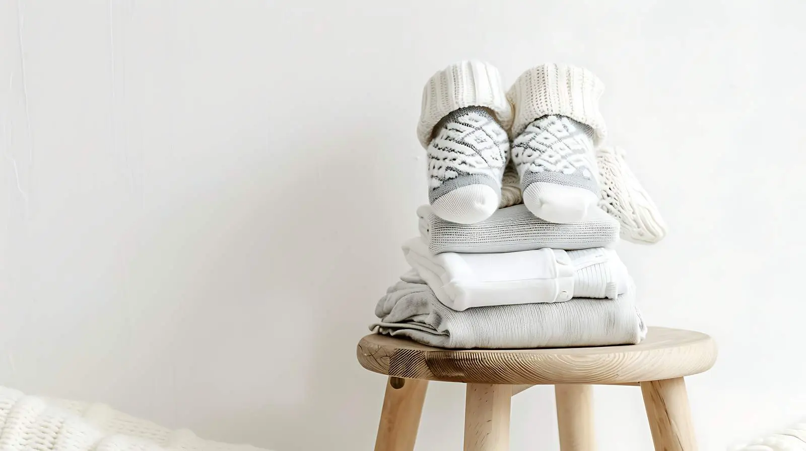 Stack of Newborn Baby Socks on Wooden Stool — free download from Dotvec
