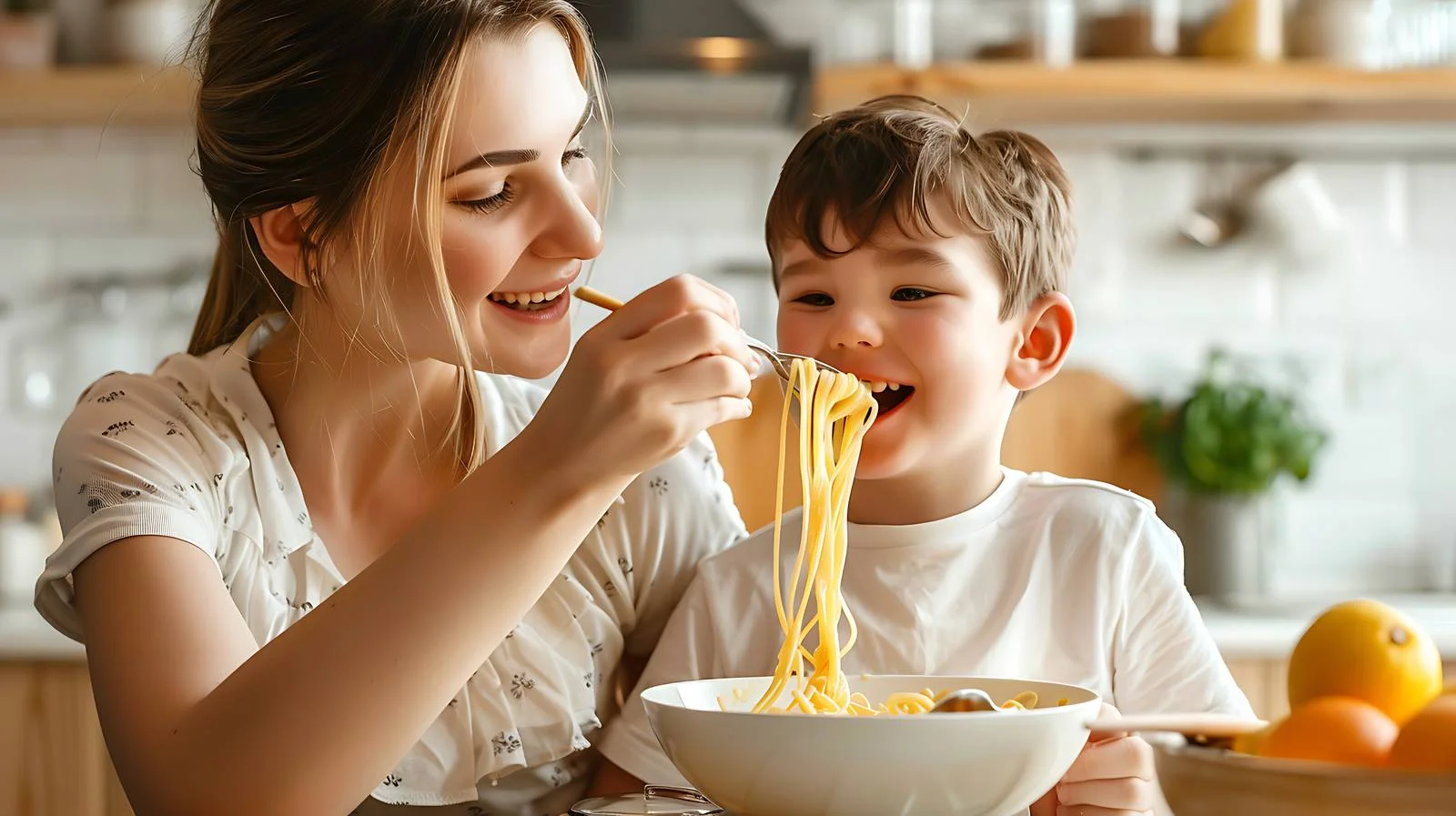 Family Moment: Son Feeding Mother Spaghetti — free download from Dotvec