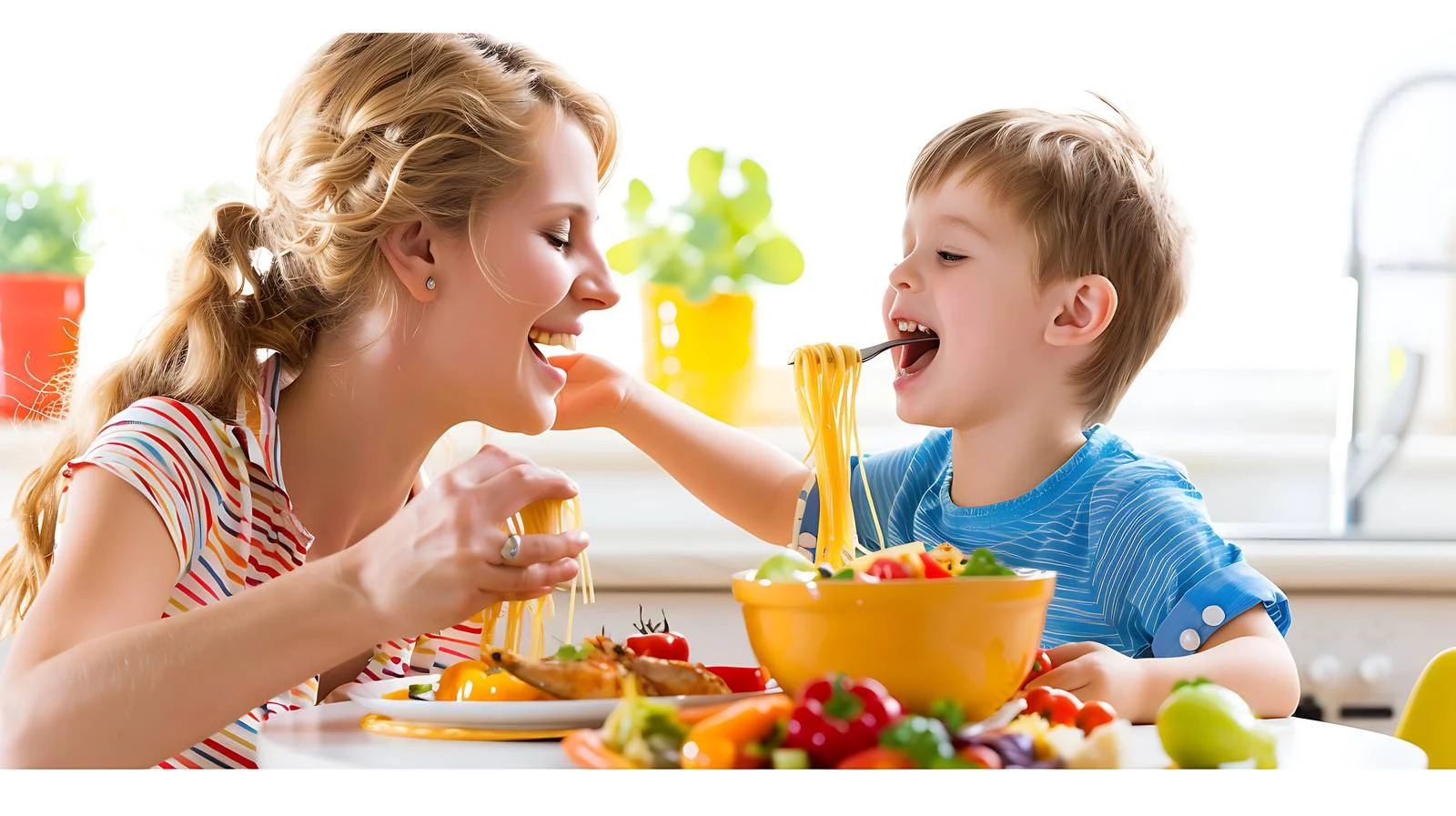 Family Moment: Son Feeding Mother Spaghetti — free download from Dotvec