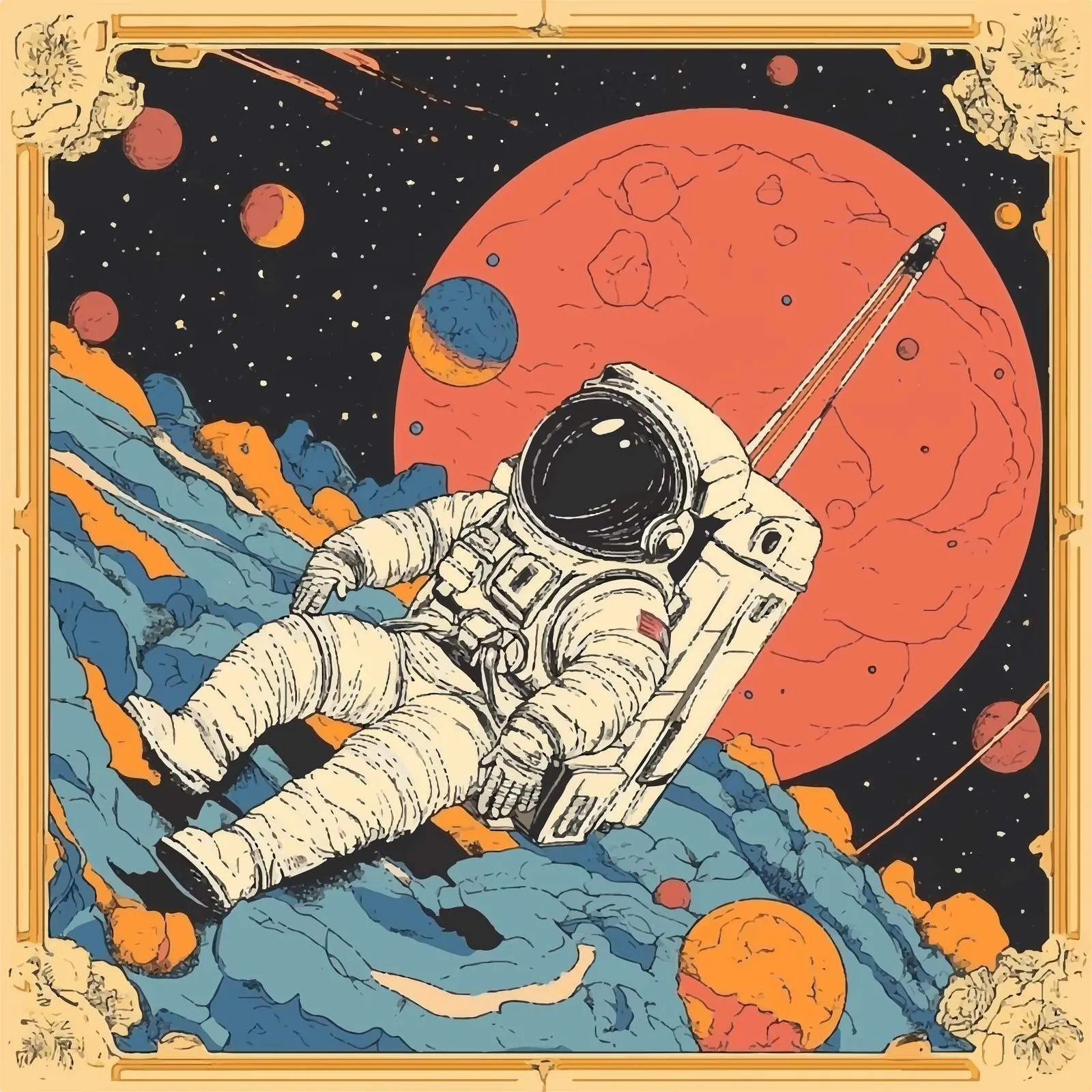 Astronaut Character in Spacesuit with Satellite and Spaceship — free download from Dotvec