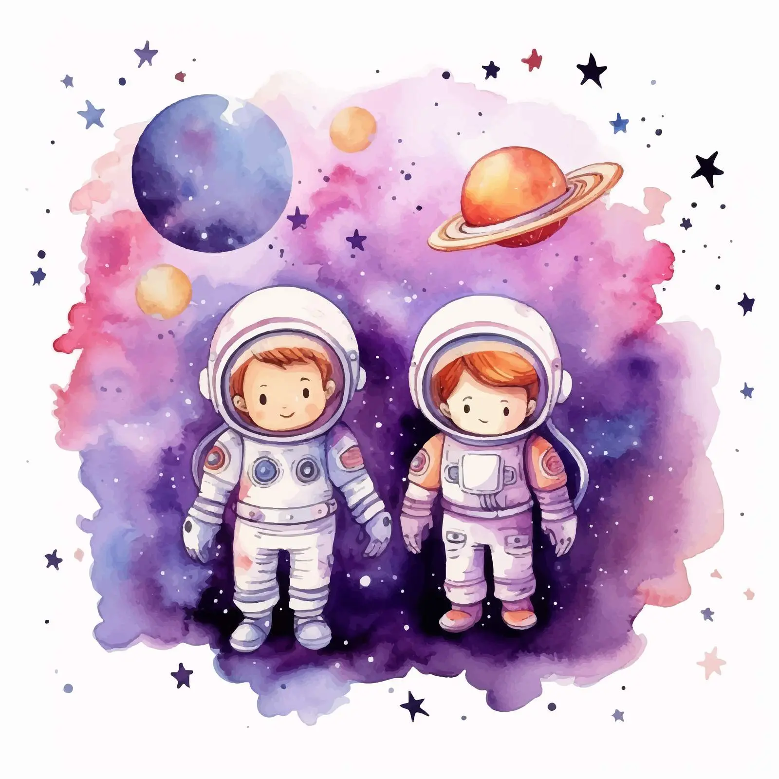 Whimsical Space Watercolor with Astronauts and Planets — free download from Dotvec