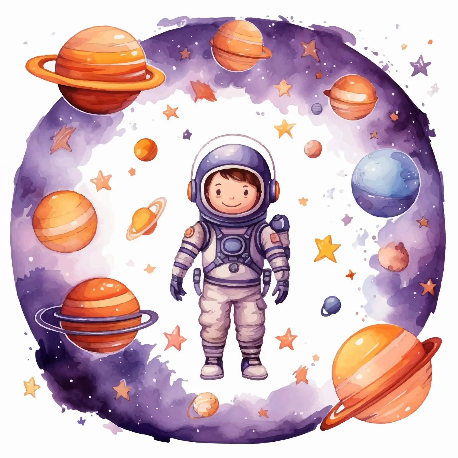 Astronauts and Planets on Watercolor Background — free download from Dotvec
