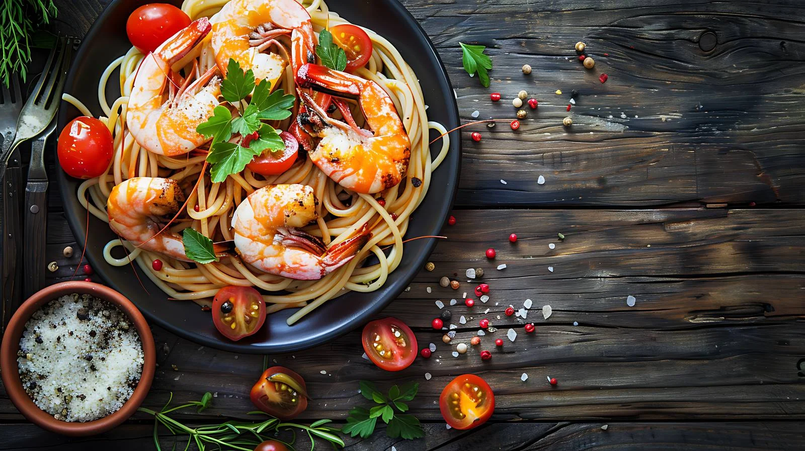 Savory Spaghetti Dish with Shrimps and Tomatoes — free download from Dotvec