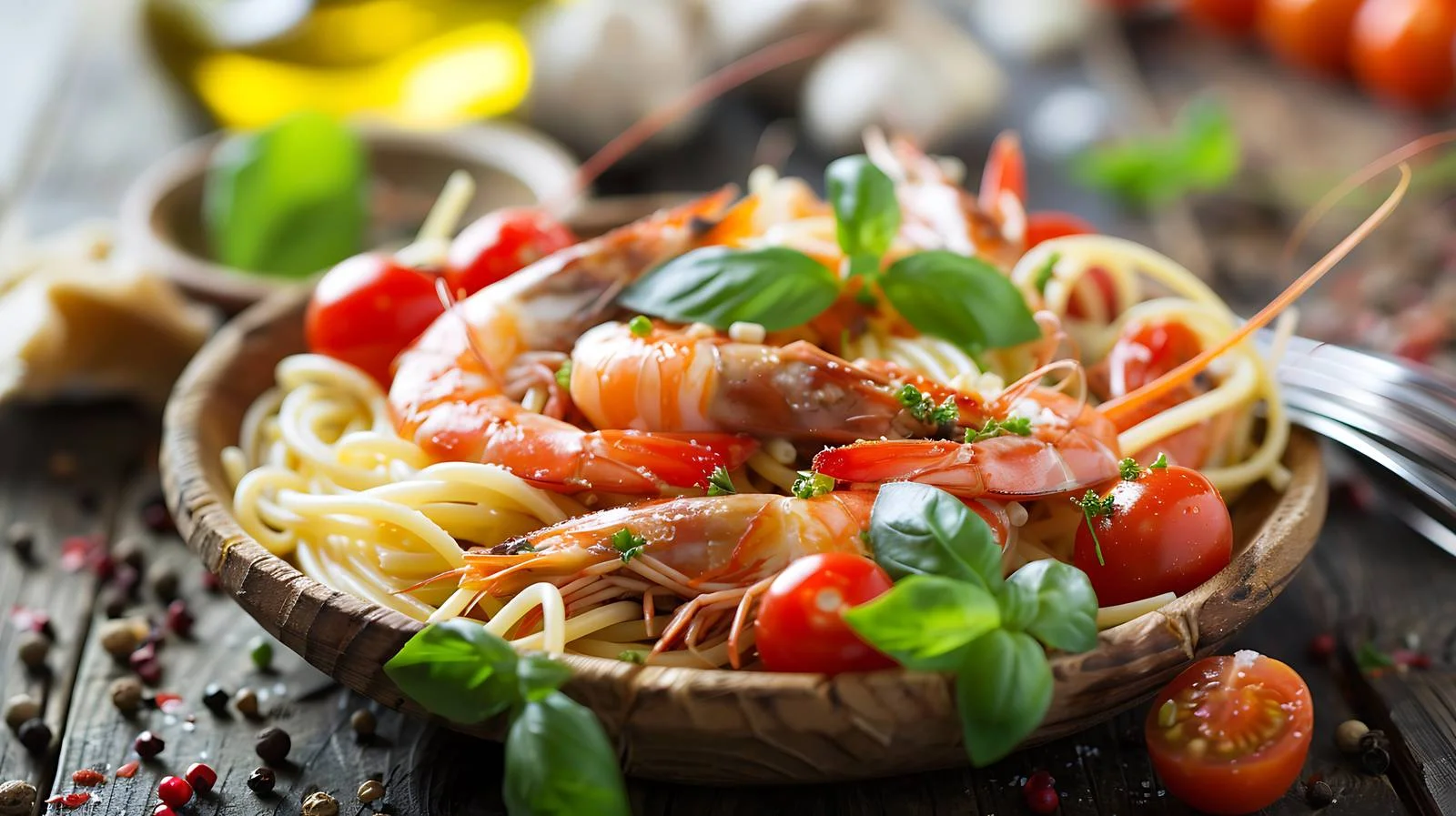 Exquisite Spaghetti with Shrimps and Cherry Tomatoes — free download from Dotvec