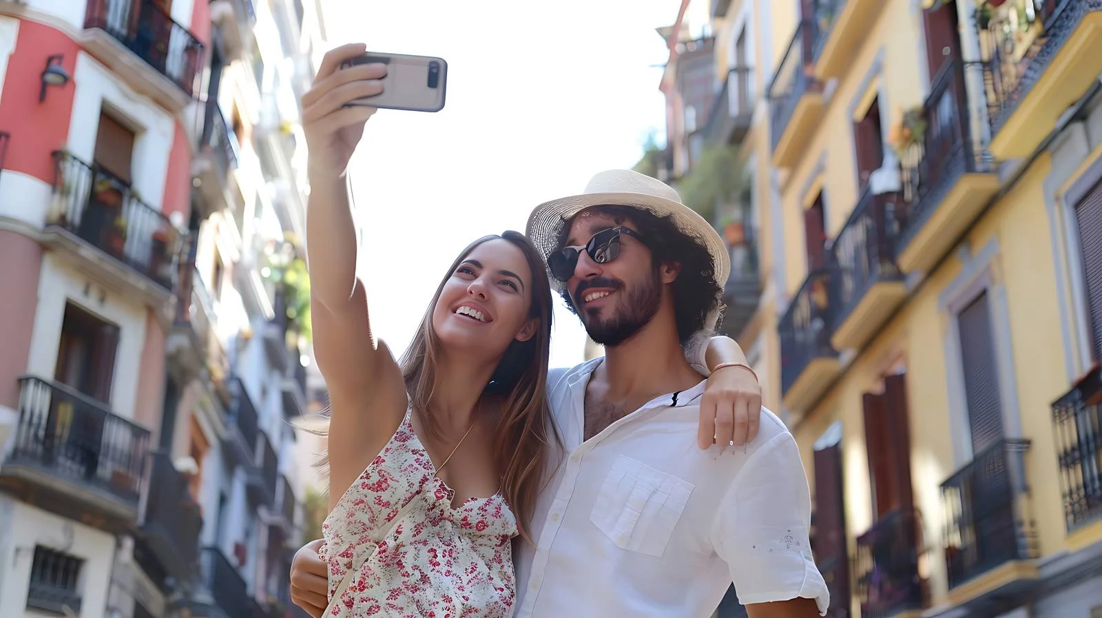 Joyful couple capturing Madrid selfie moment — free download from Dotvec