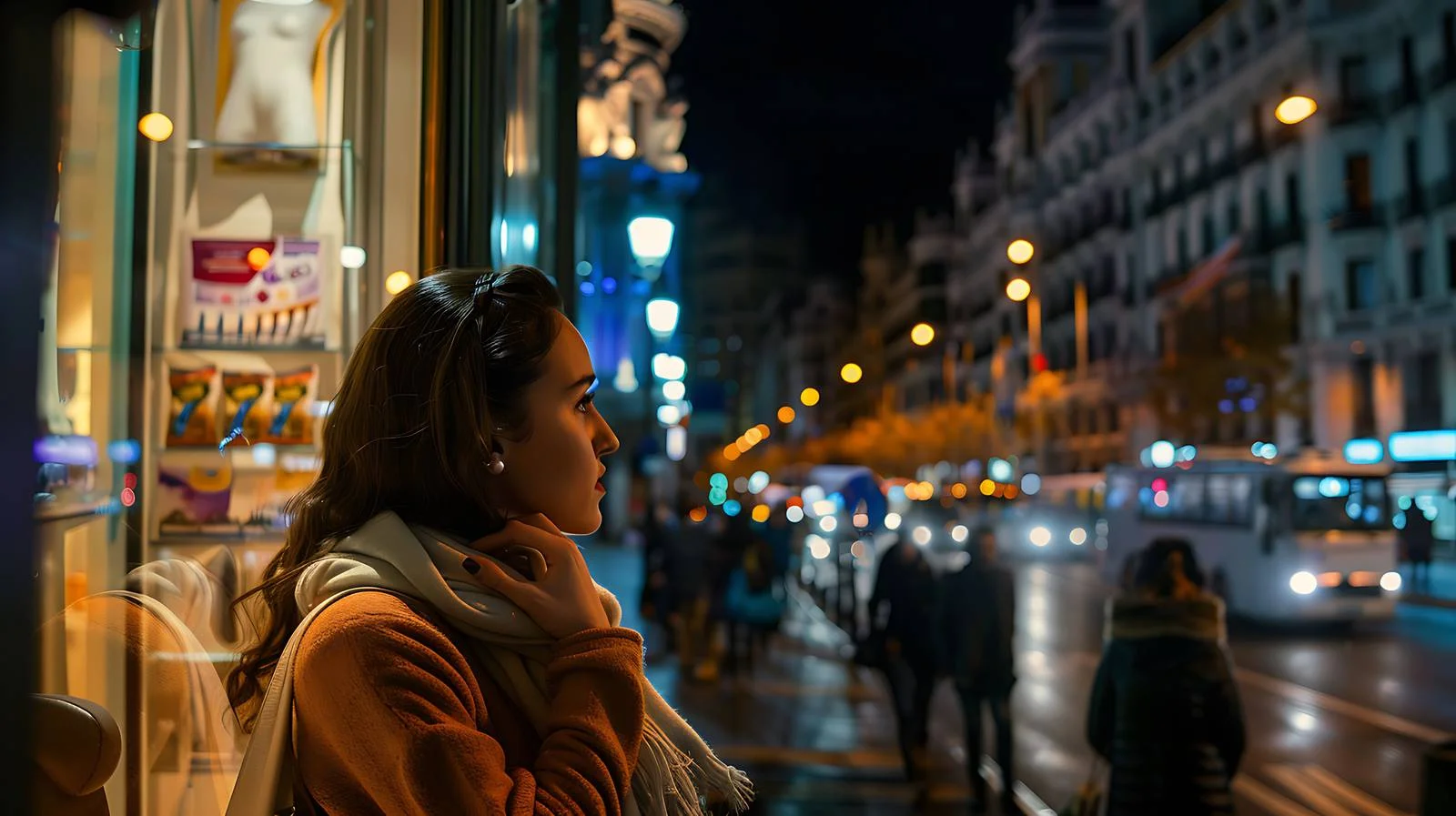 Nighttime Charm: Young Woman Roaming Madrid's City — free download from Dotvec