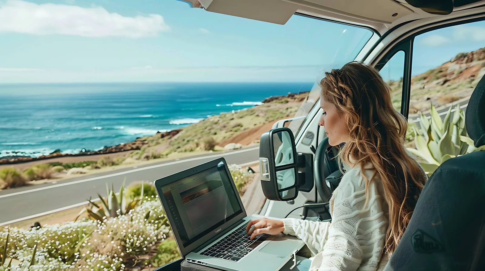 Digital Nomad Working in Van Interior — free download from Dotvec