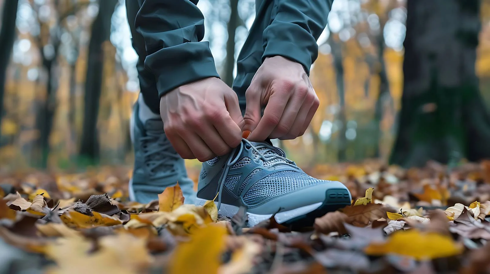 Athlete tying shoes outdoors in forest — free download from Dotvec