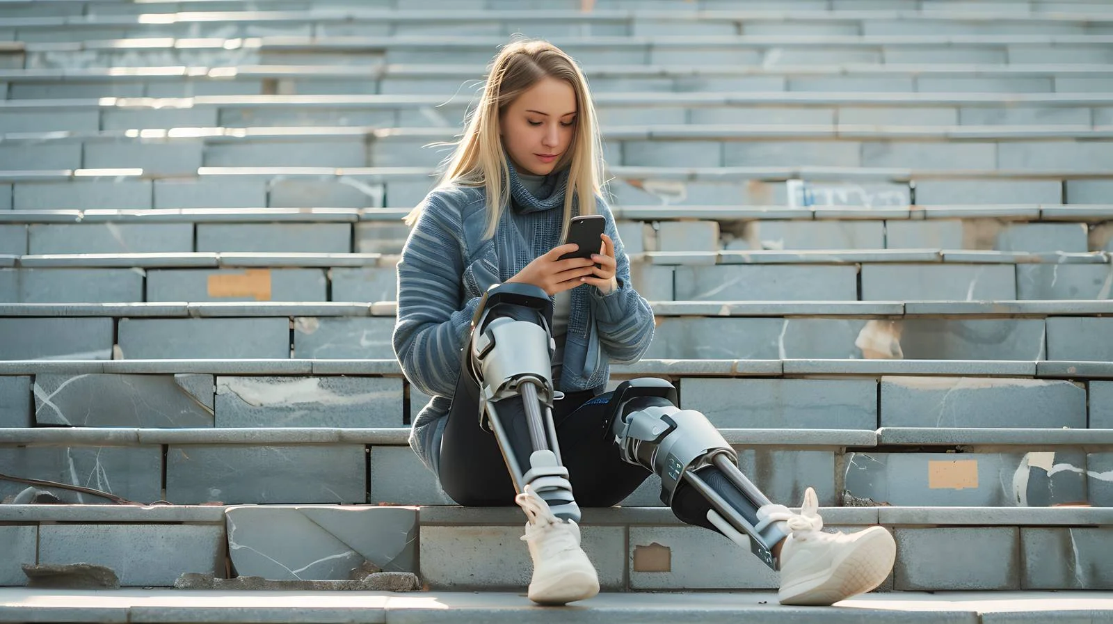 Active female amputee on city bench — free download from Dotvec