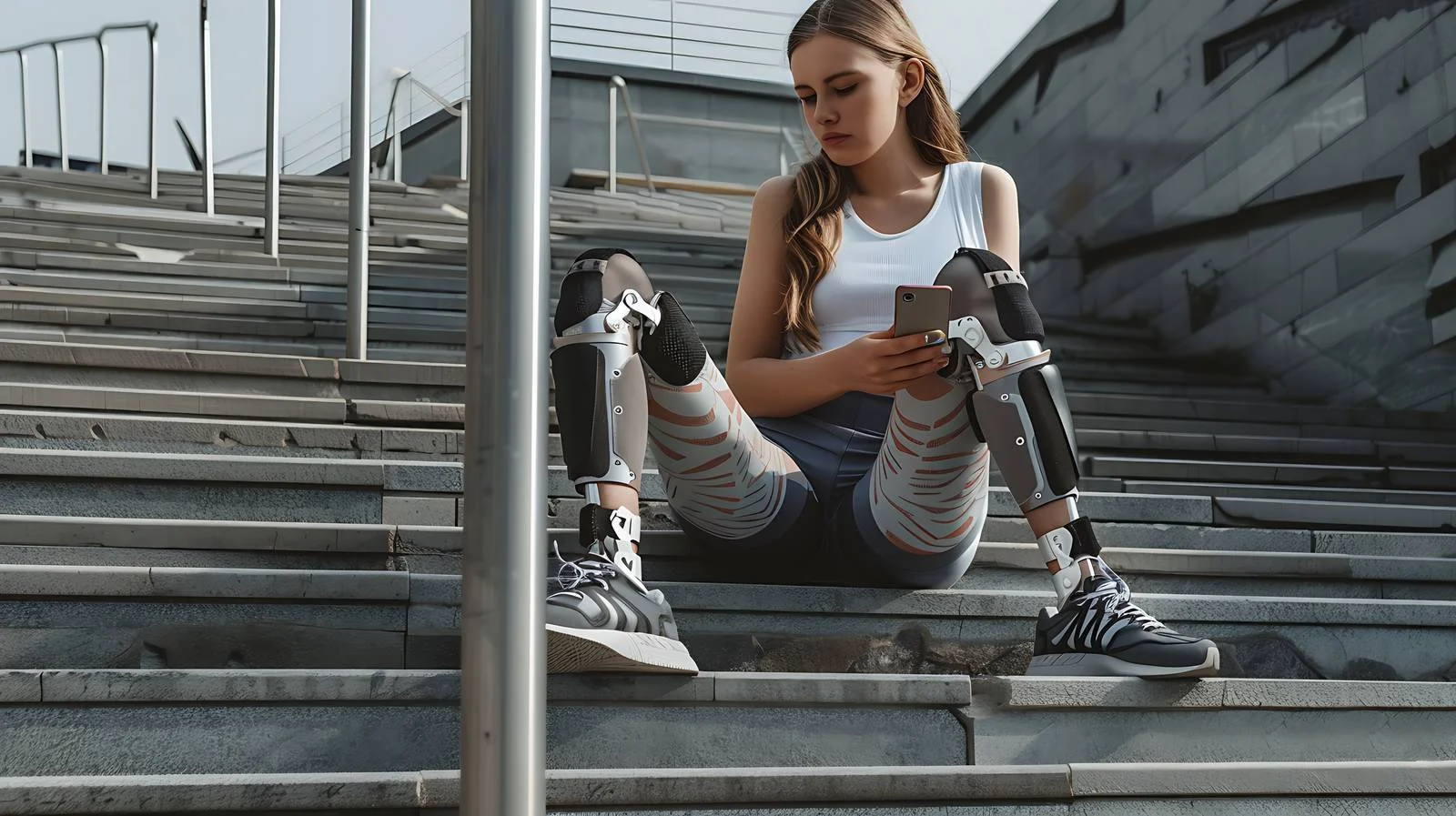 Active woman with leg prosthesis in park — free download from Dotvec