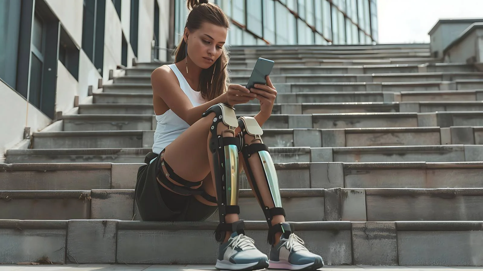 Athletic female amputee sitting on stadium — free download from Dotvec