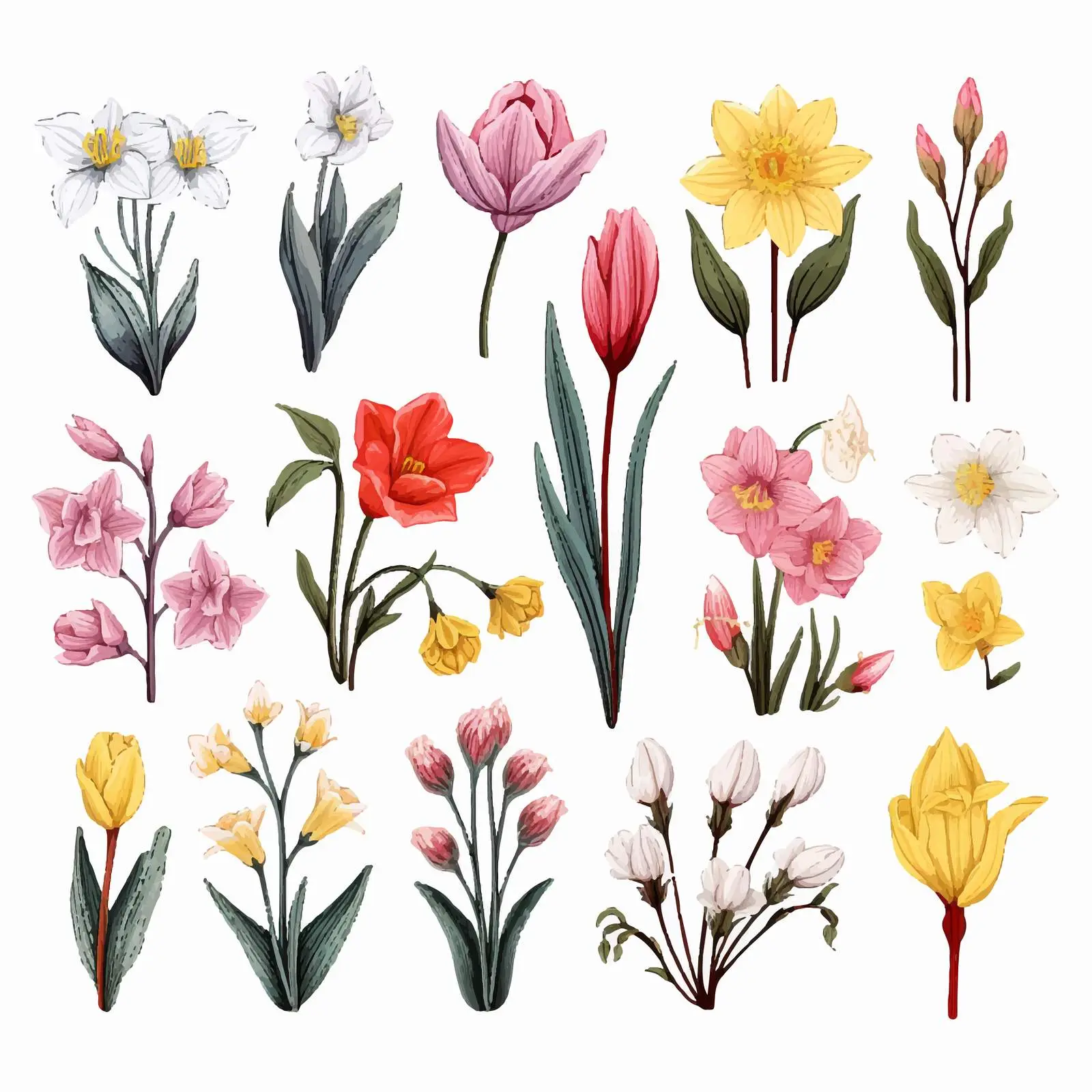 Vintage Style Hand-Drawn Spring Flower Vectors – free colorful drawings image from Dotvec